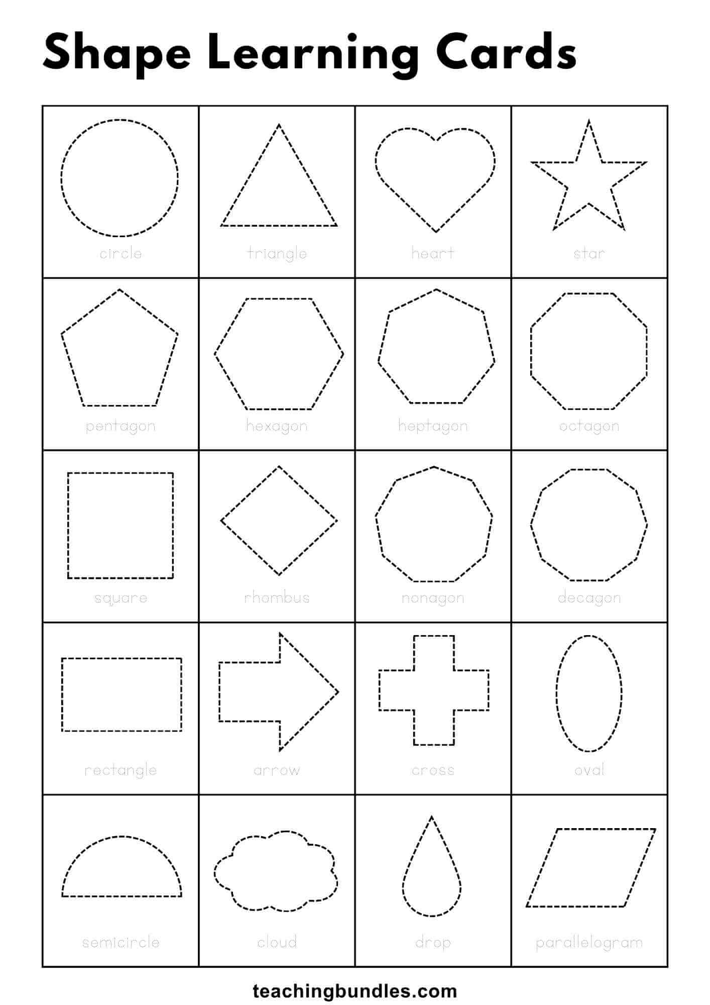 Tracing page with shapes and names for preschoolers.