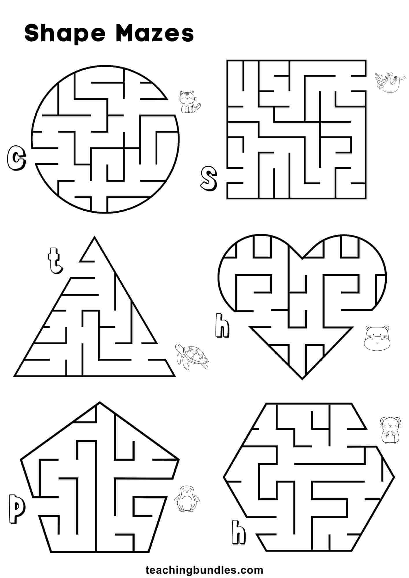 Educational shape maze activity for preschool learning.