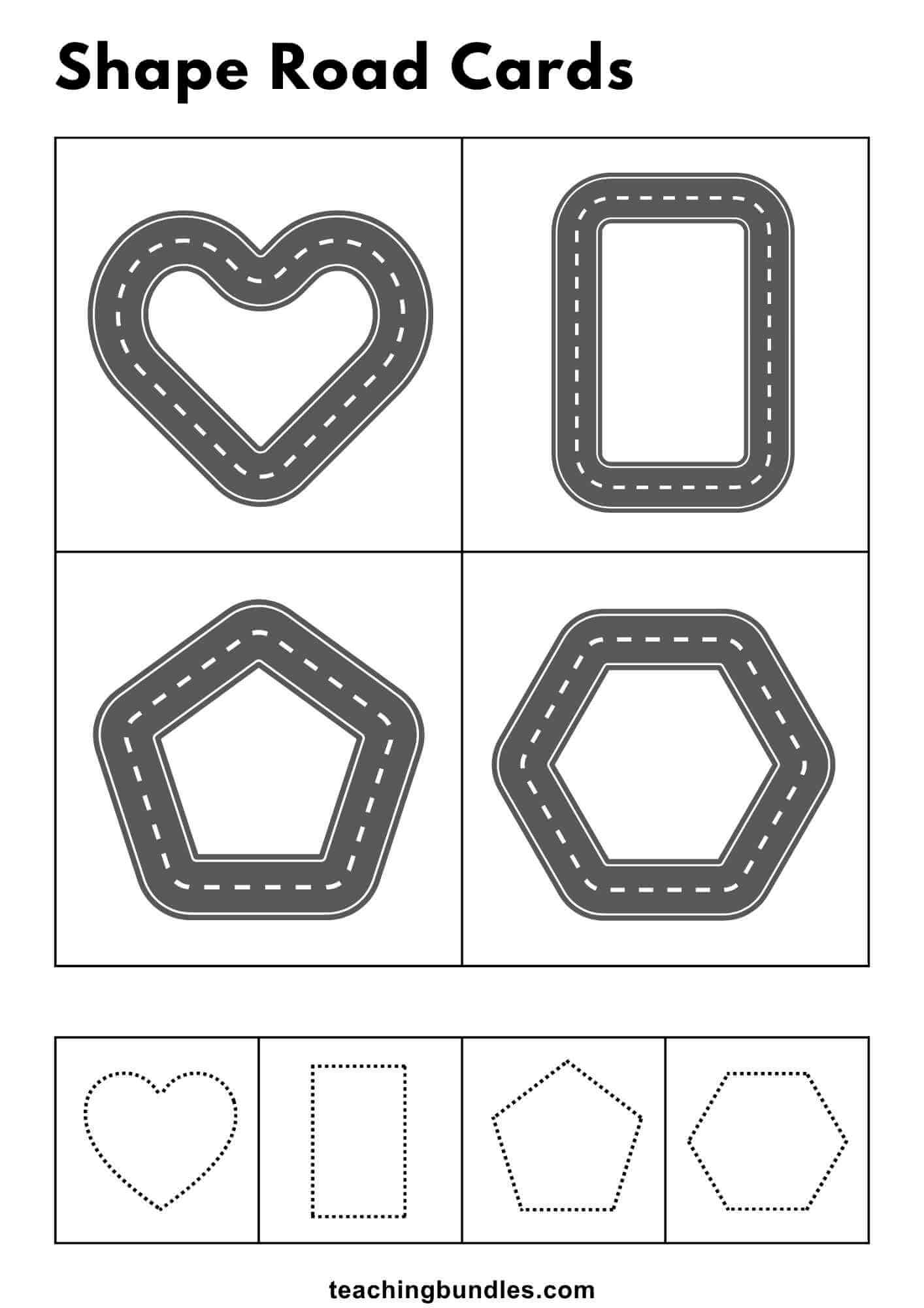Shape road templates for preschool learning: heart, rectangle, pentagon, hexagon.