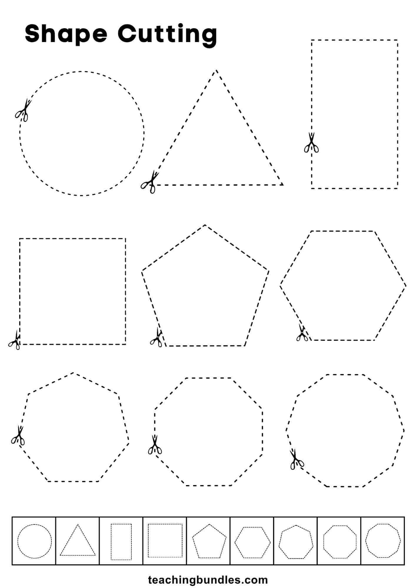 Printable shape cutting practice page.