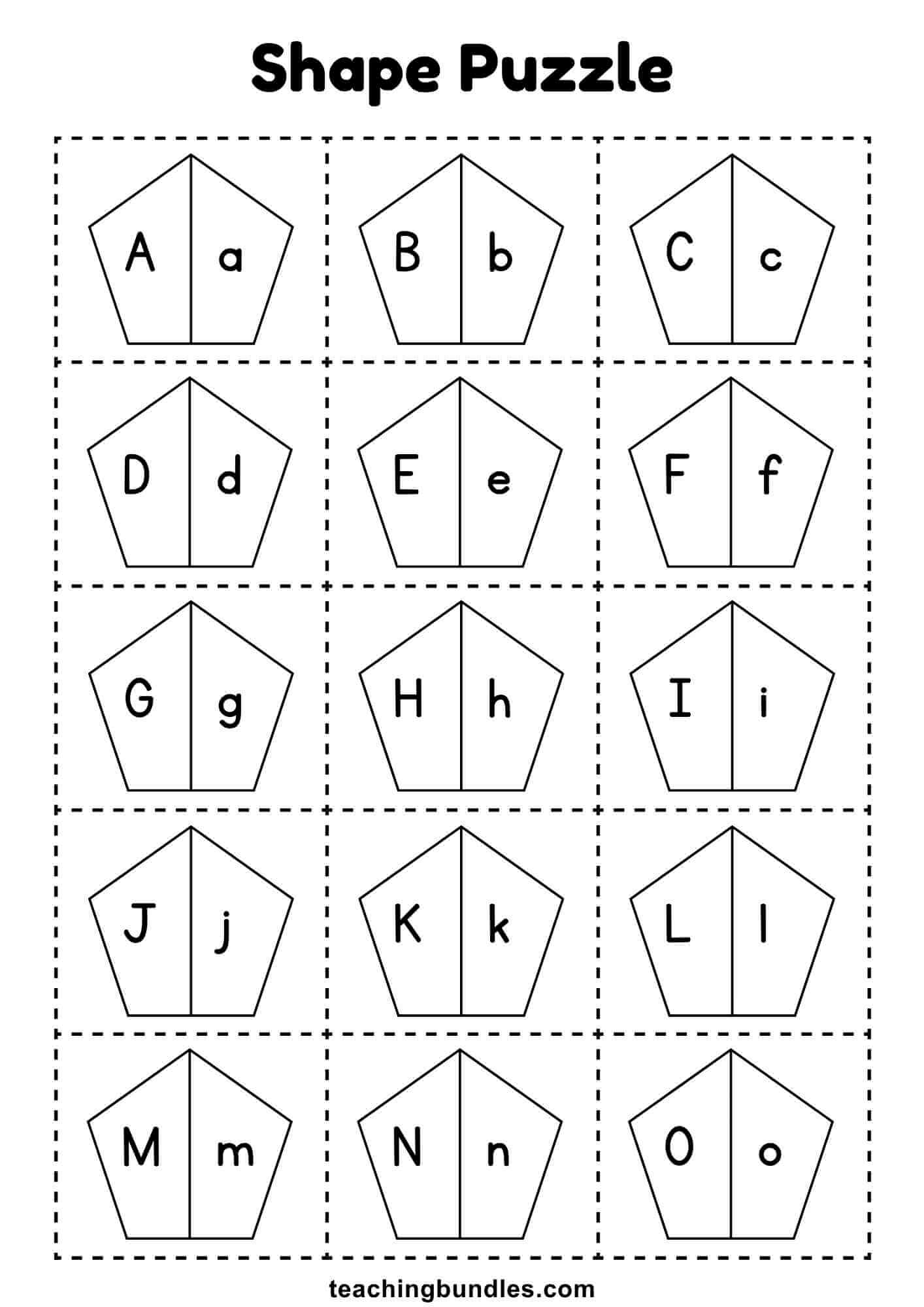 Puzzle matching uppercase and lowercase letters inside pentagons.