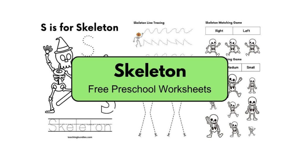 Halloween skeleton activity pack featuring preschool tracing and matching games.