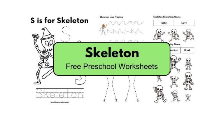 Halloween skeleton activity pack featuring preschool tracing and matching games.