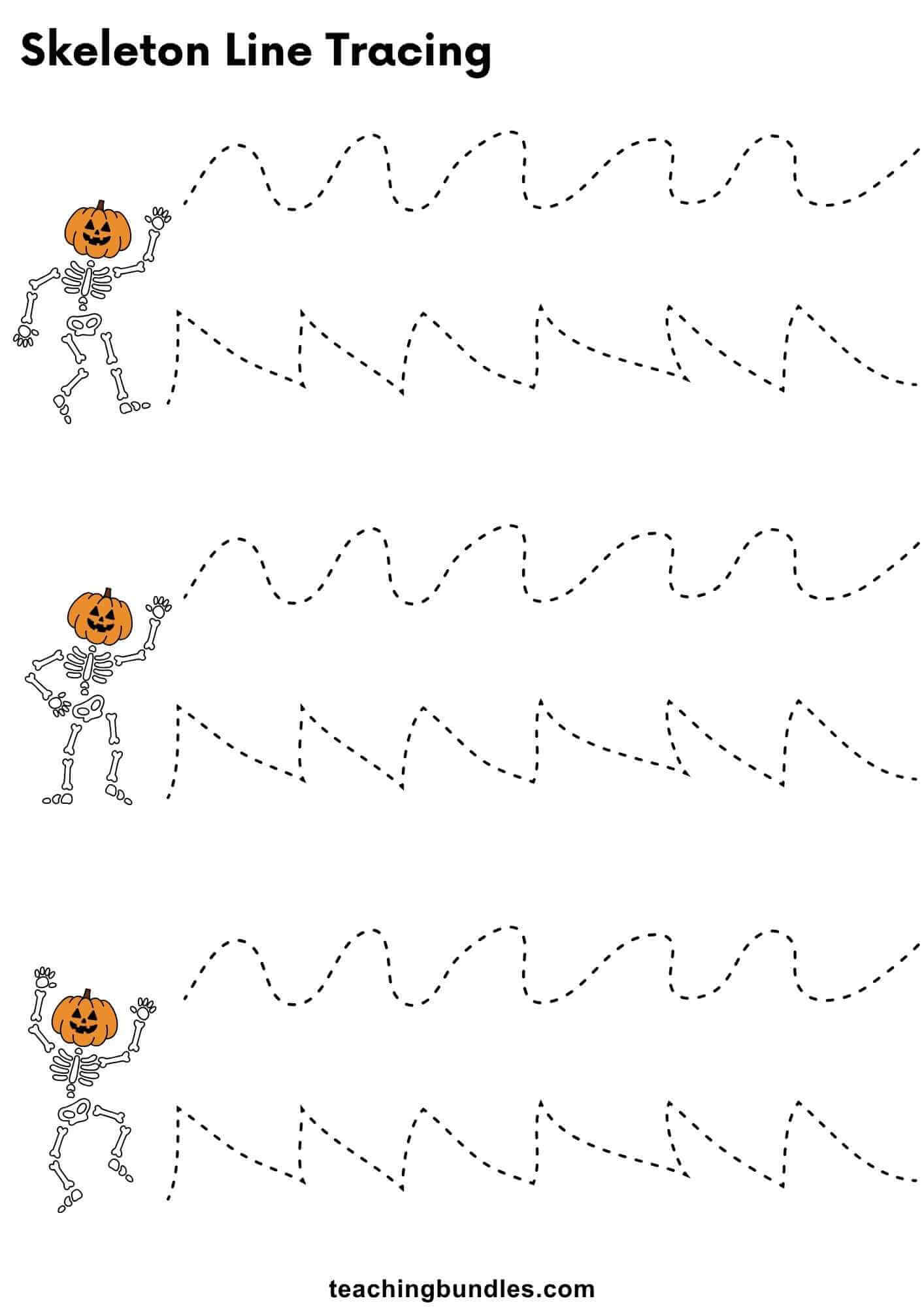 Halloween skeleton tracing worksheet with pumpkin‑head characters and zigzag lines.