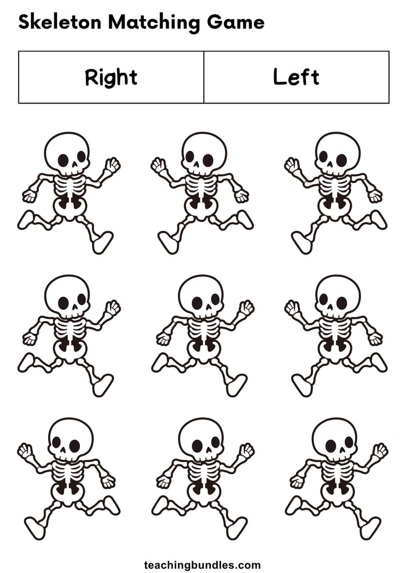 Skeleton matching game worksheet with right and left running poses.
