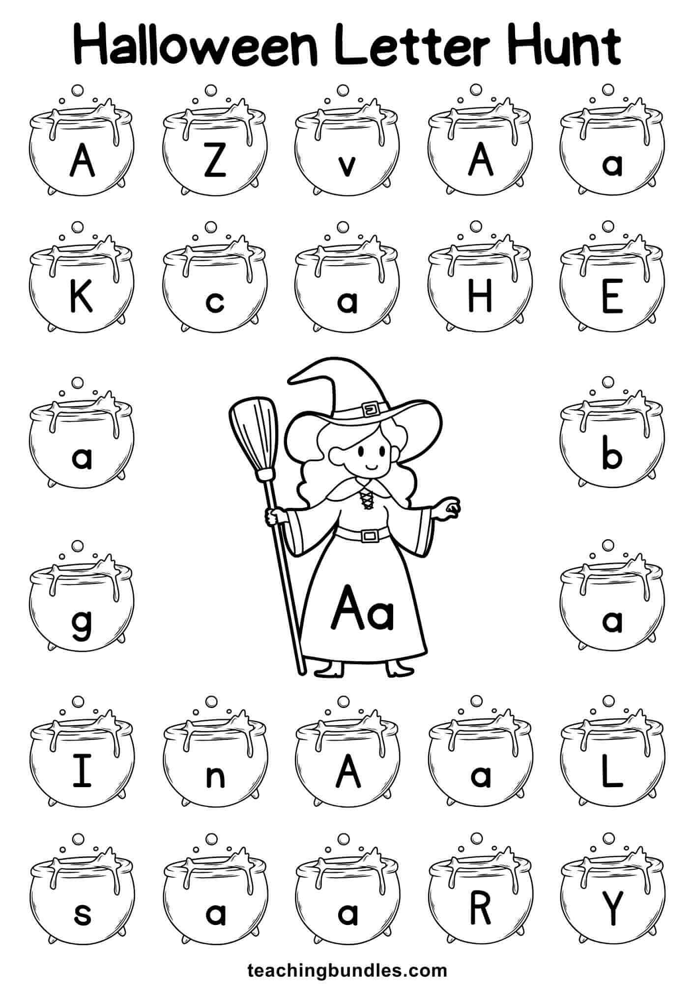 Halloween worksheet with witch and cauldron for letter A hunt.