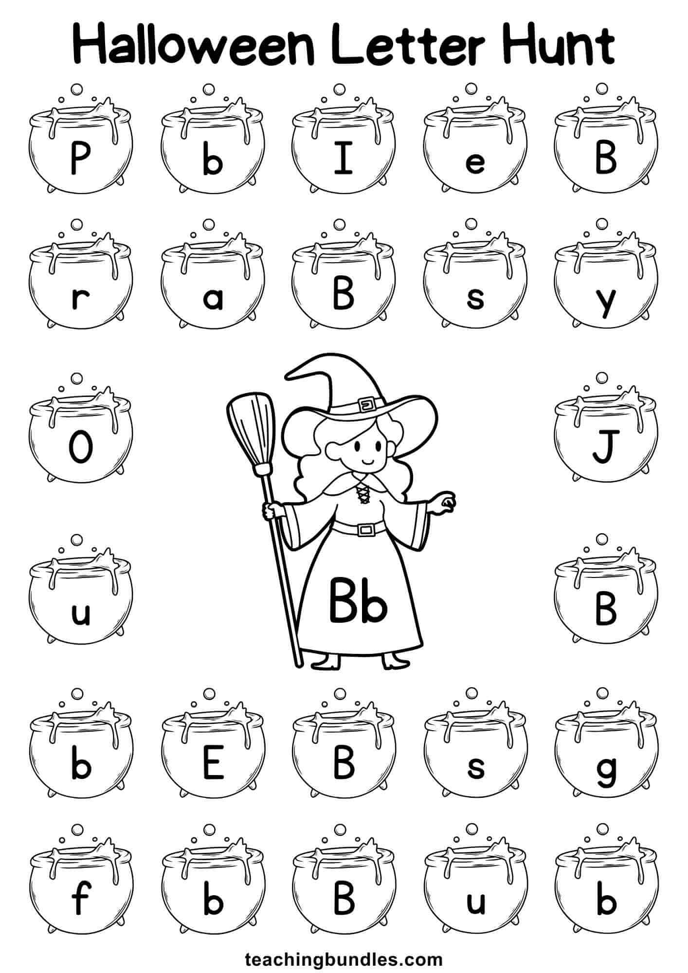 Halloween worksheet with witch and cauldron for letter B hunt.