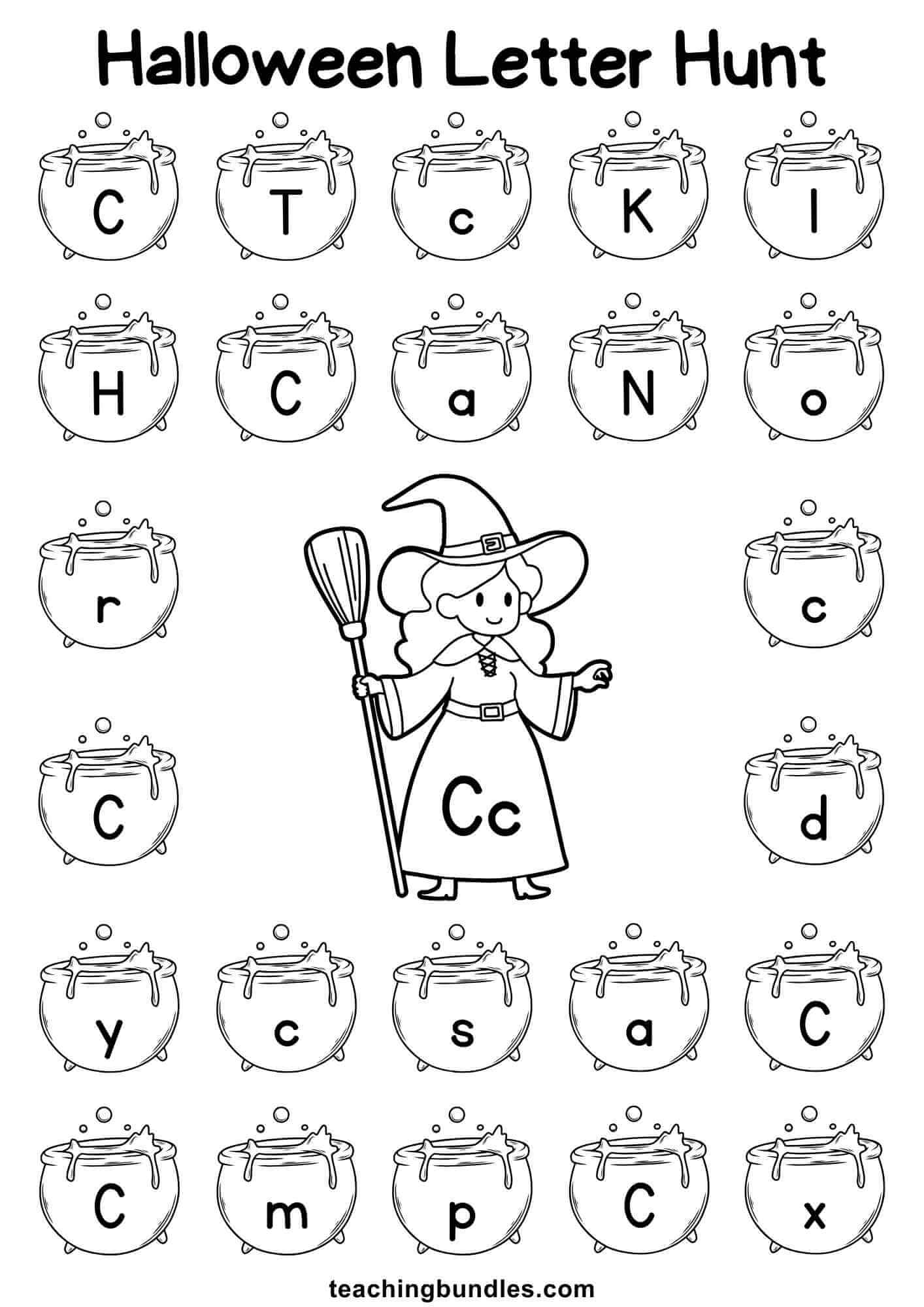 Halloween worksheet with witch and cauldron for letter C hunt.