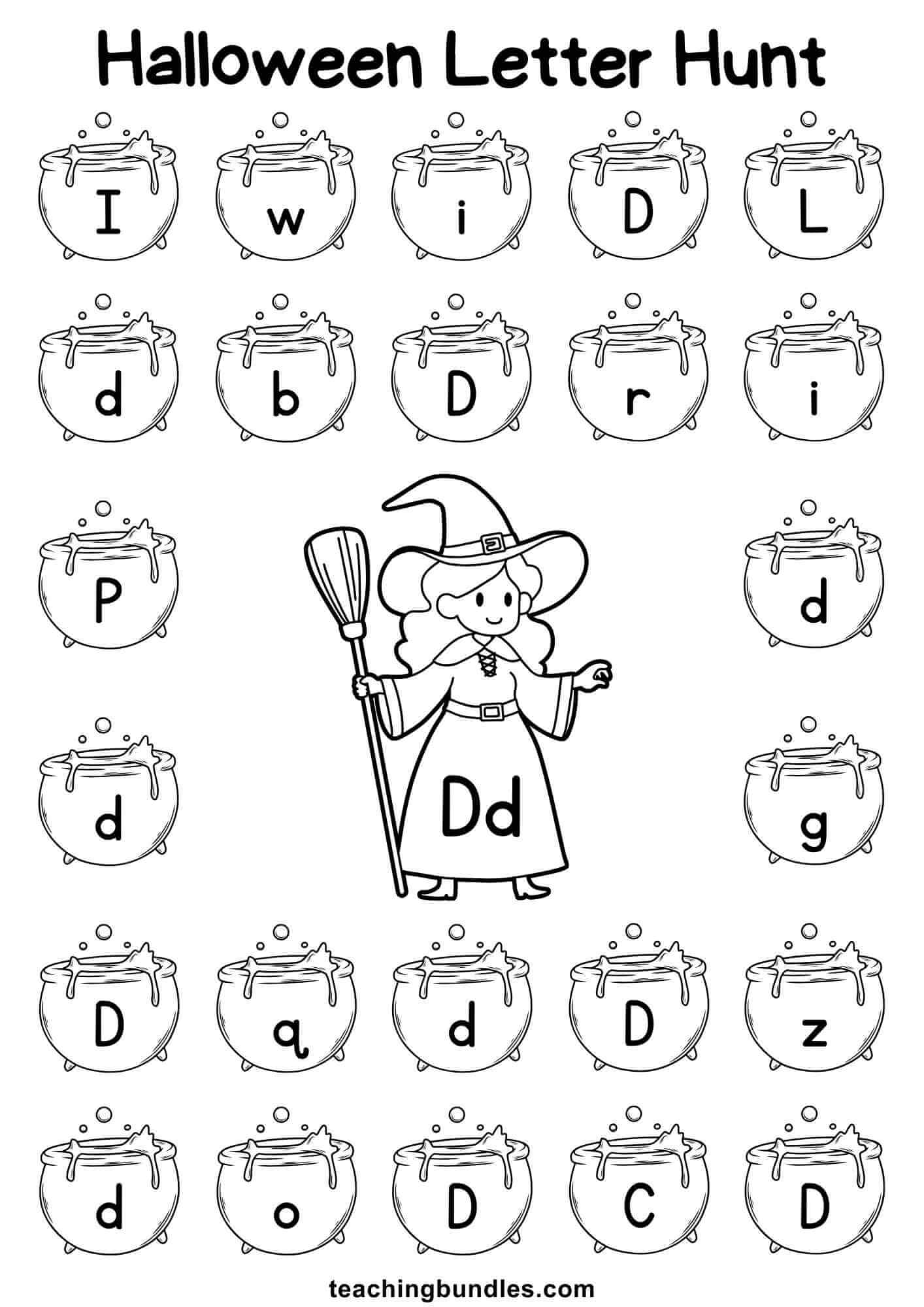 Halloween worksheet with witch and cauldron for letter D hunt.