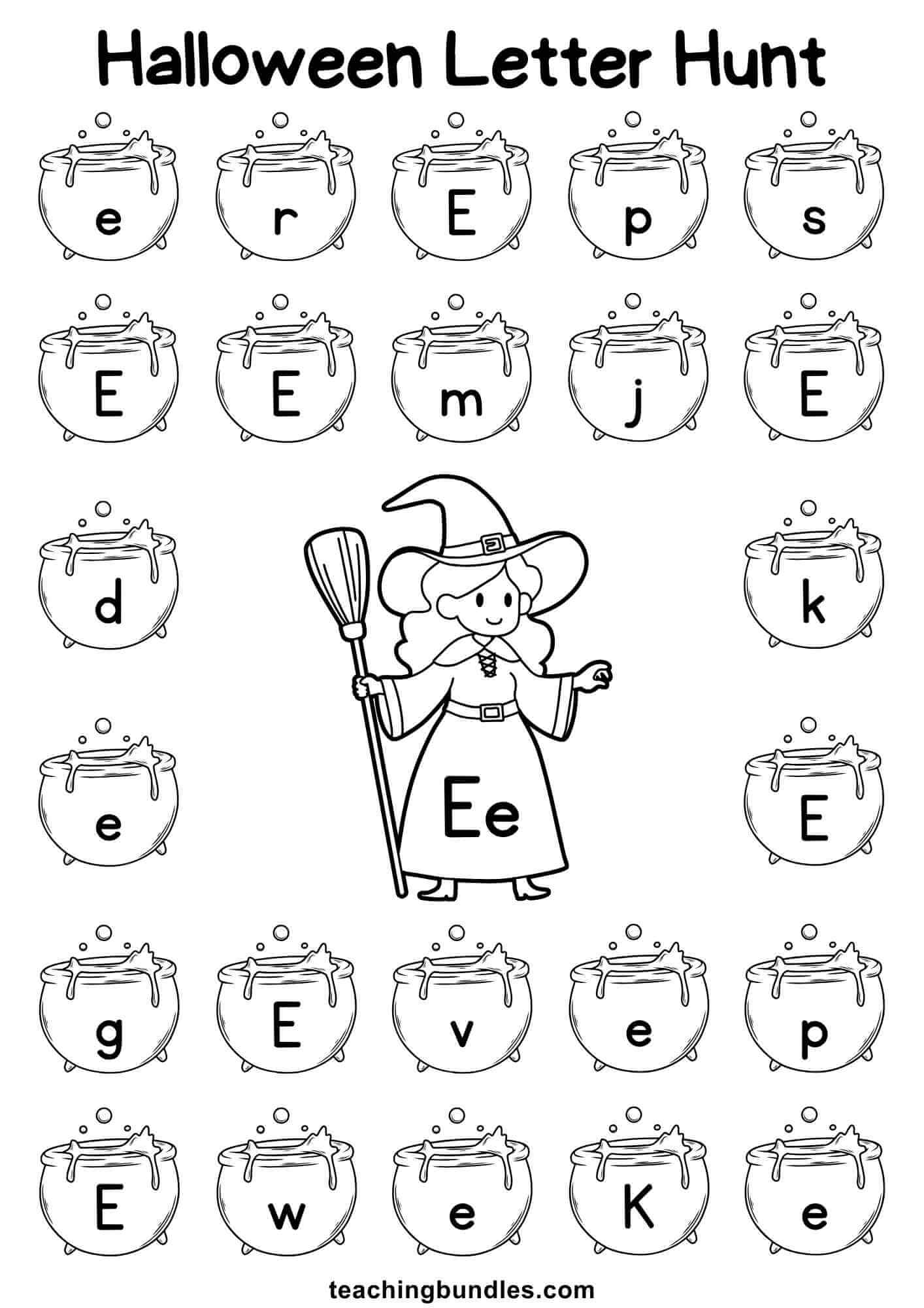 Halloween worksheet with witch and cauldron for letter E hunt.