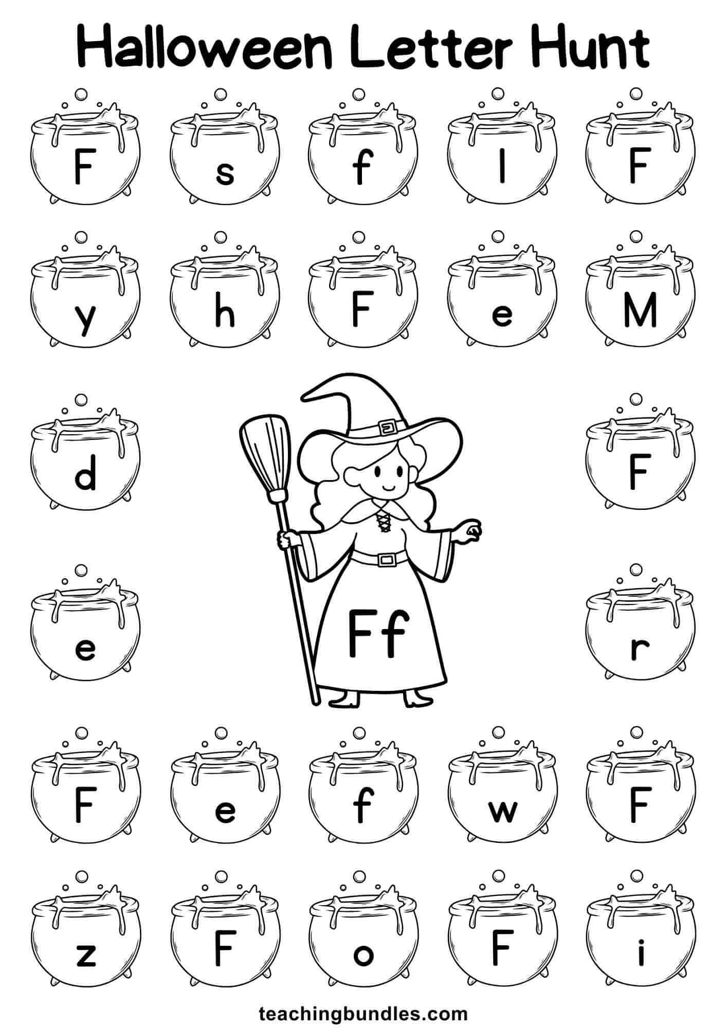 Halloween worksheet with witch and cauldron for letter F hunt.