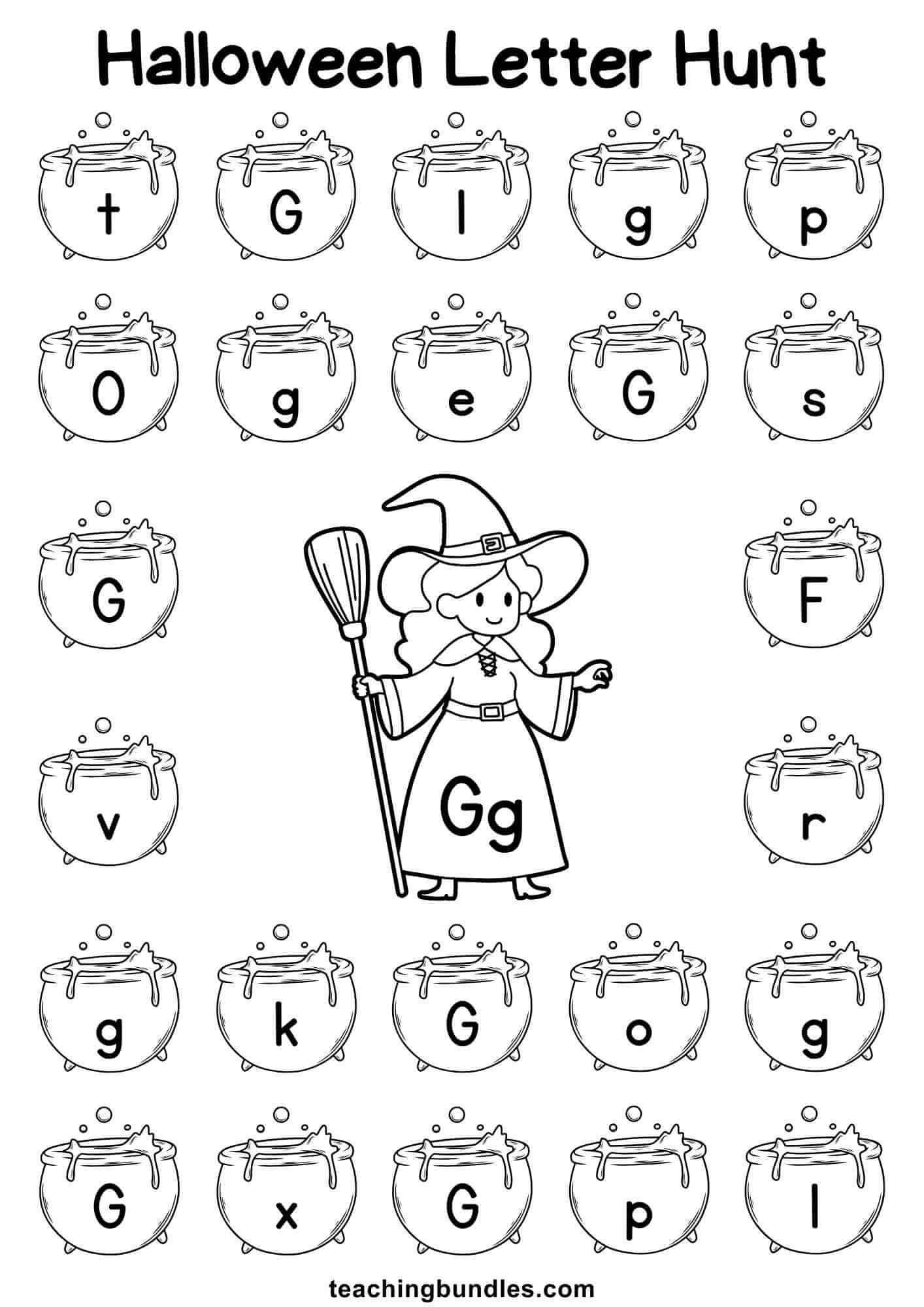 Halloween worksheet with witch and cauldron for letter G hunt.