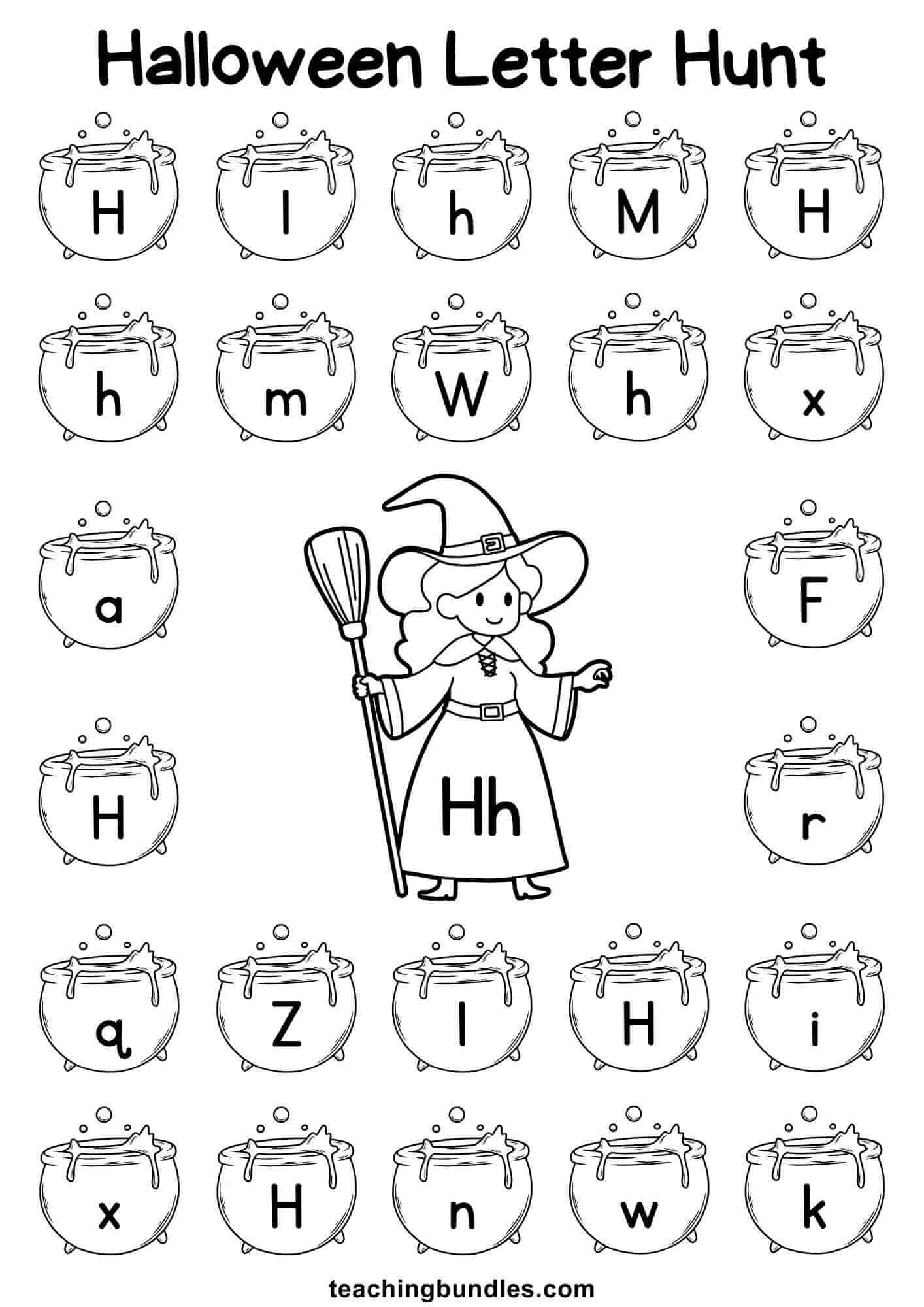Halloween worksheet with witch and cauldron for letter H hunt.