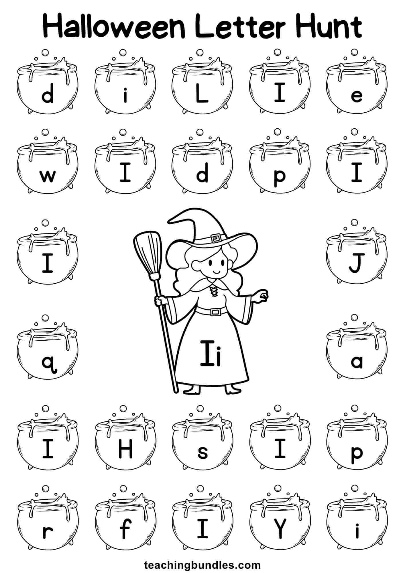 Halloween worksheet with witch and cauldron for letter I hunt.