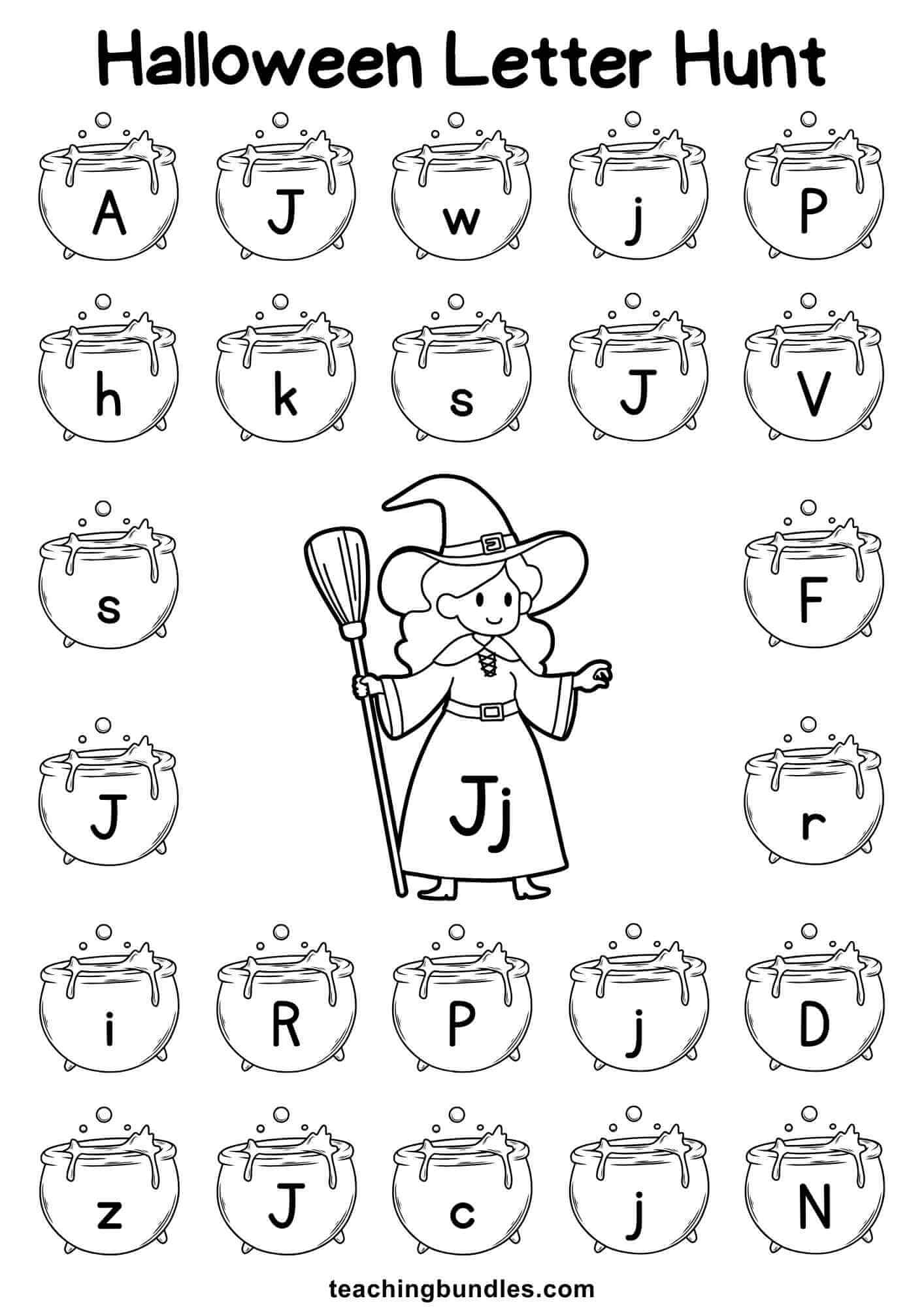 Halloween worksheet with witch and cauldron for letter J hunt.