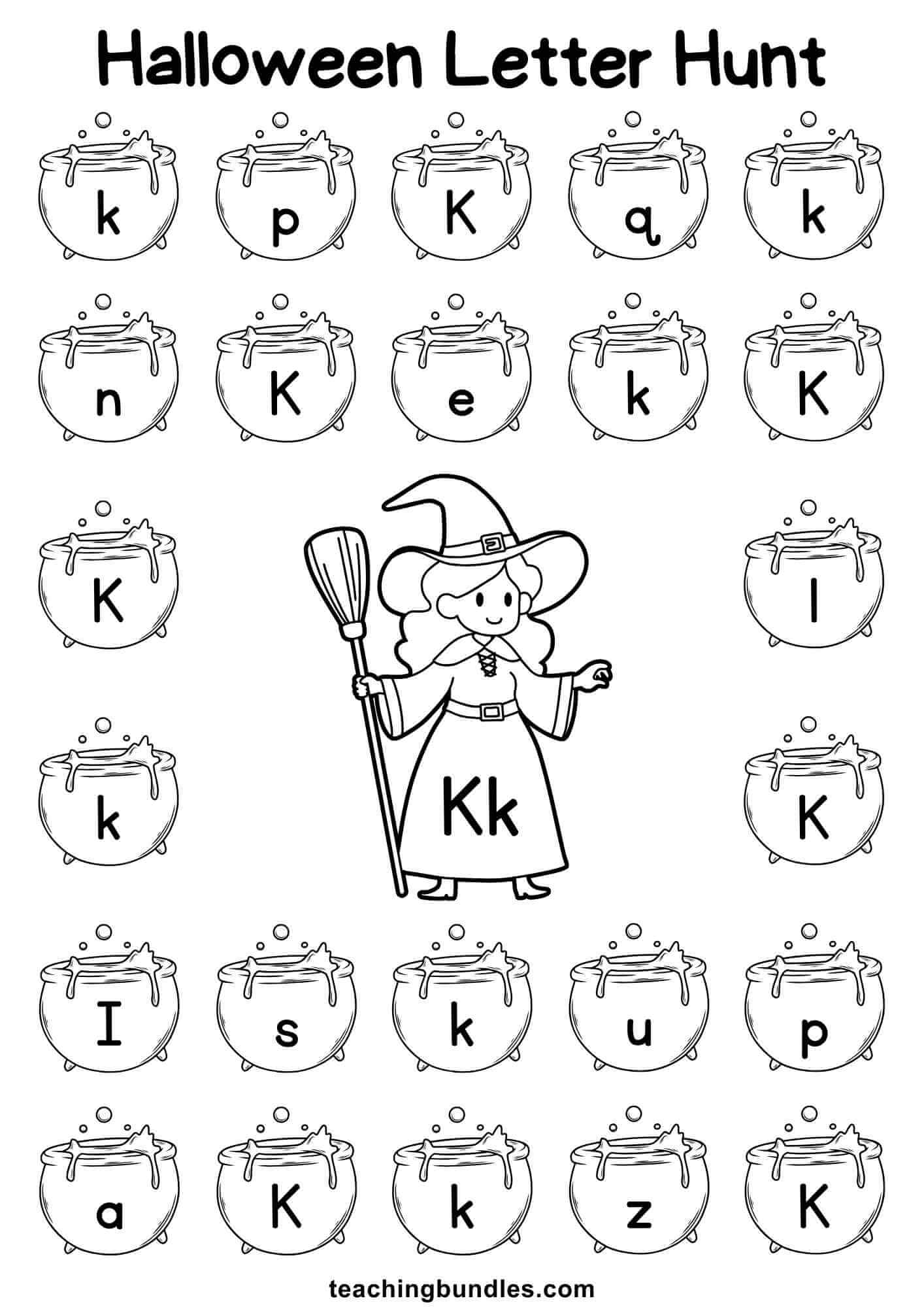 Halloween worksheet with witch and cauldron for letter K hunt.