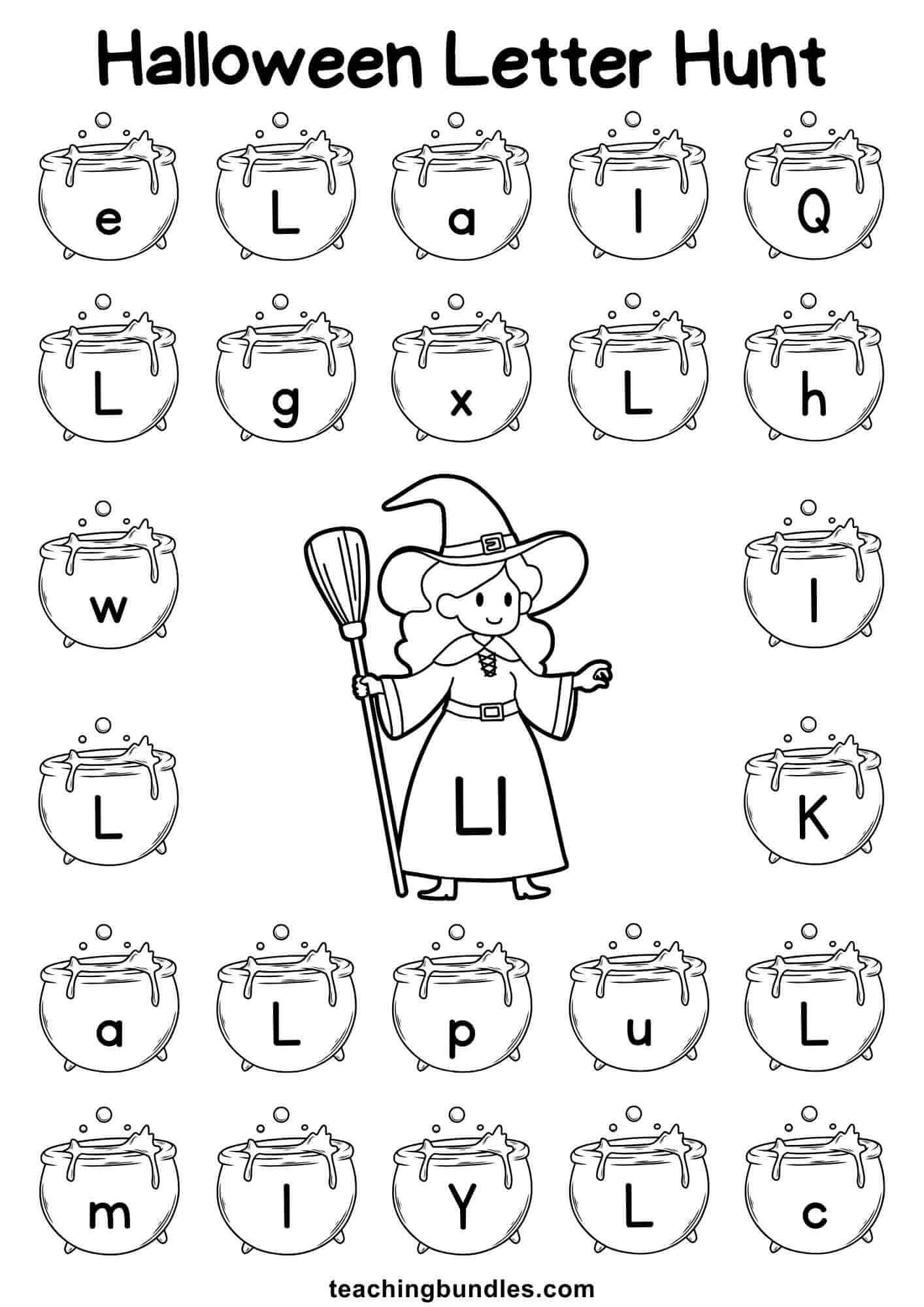 Halloween worksheet with witch and cauldron for letter L hunt.