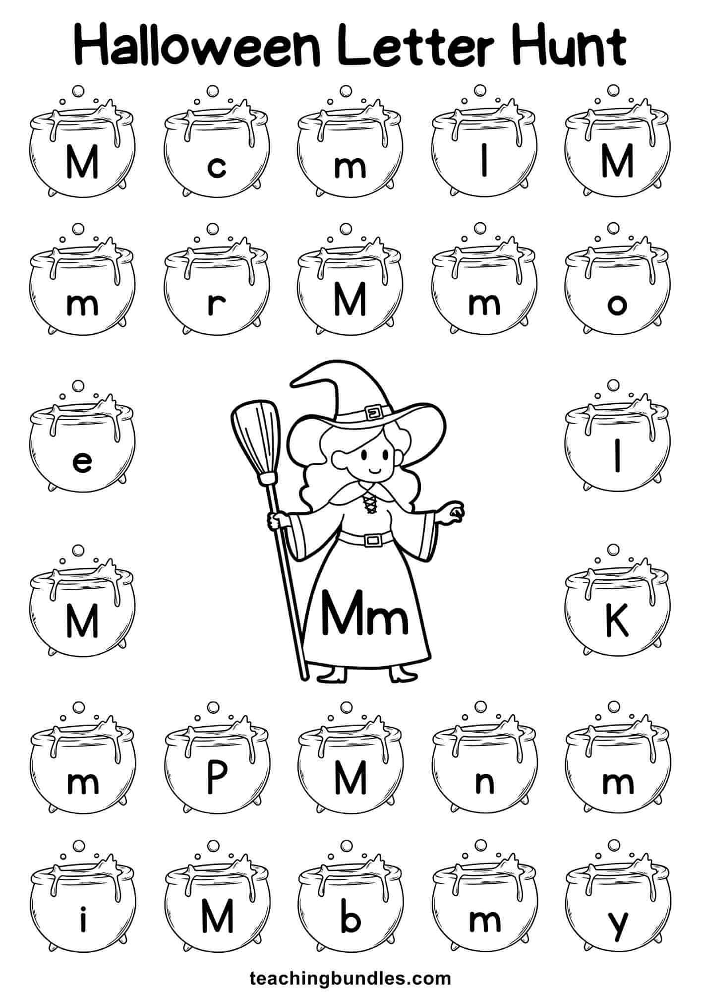 Halloween worksheet with witch and cauldron for letter M hunt.