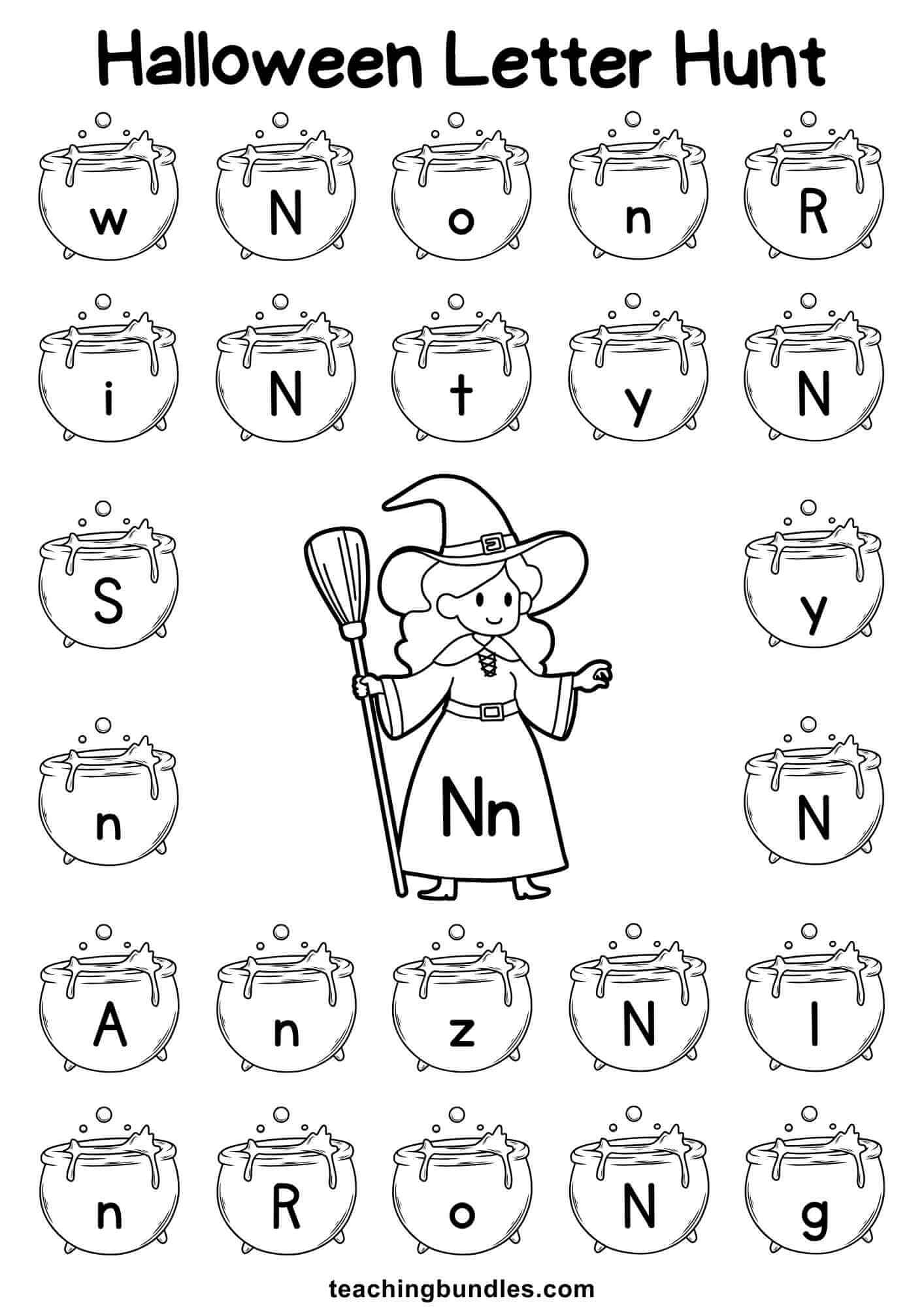 Halloween worksheet with witch and cauldron for letter N hunt.