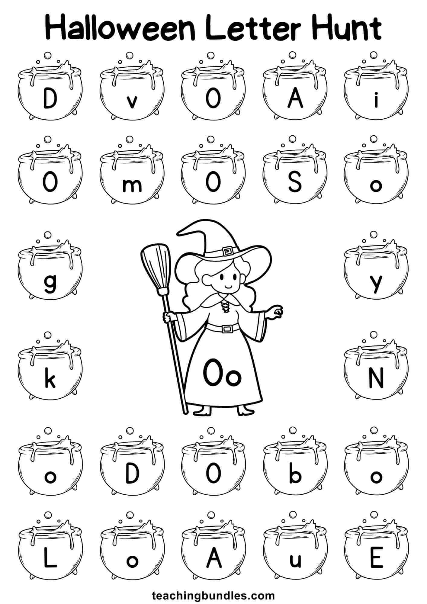 Halloween worksheet with witch and cauldron for letter O hunt.