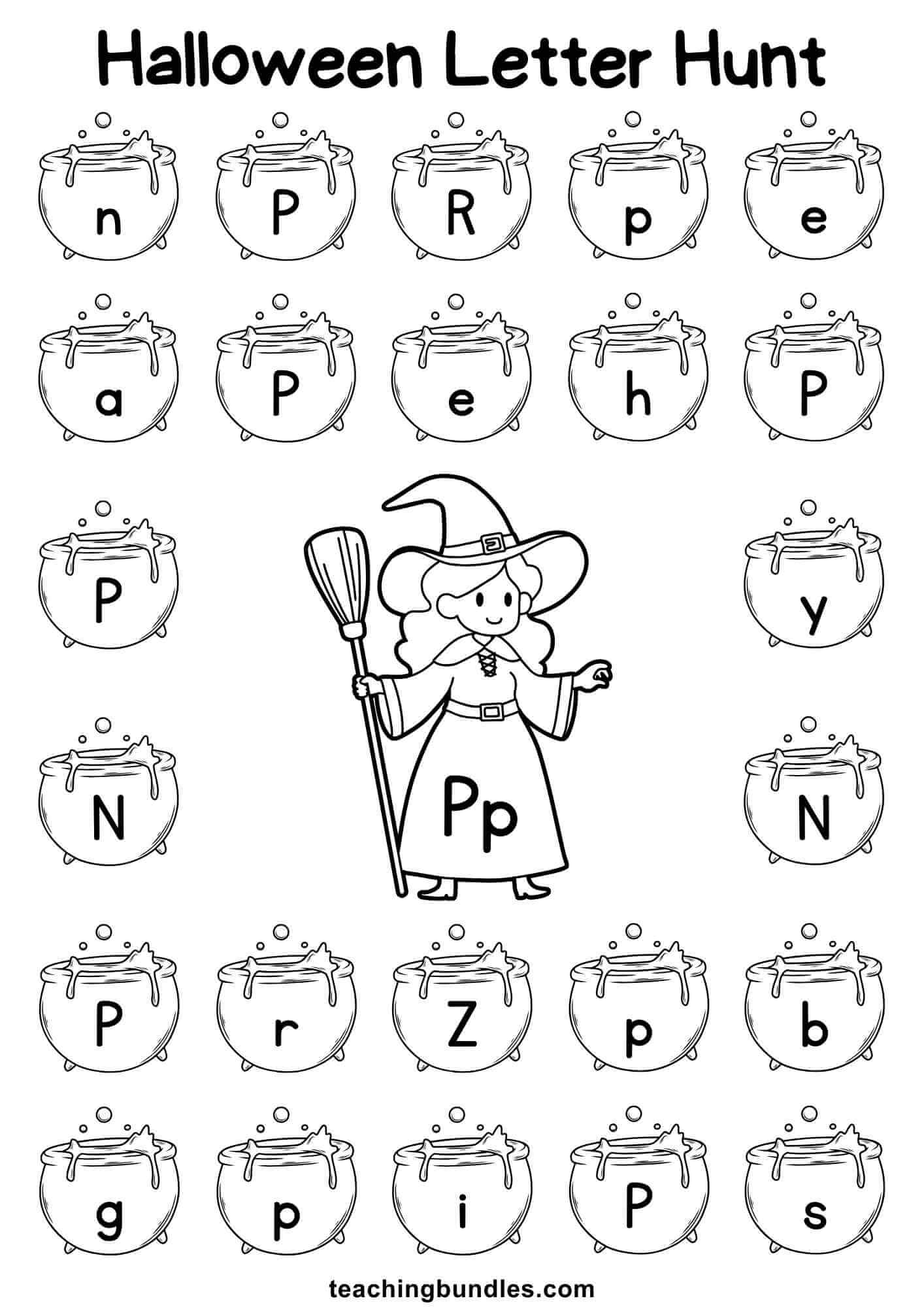 Halloween worksheet with witch and cauldron for letter P hunt.