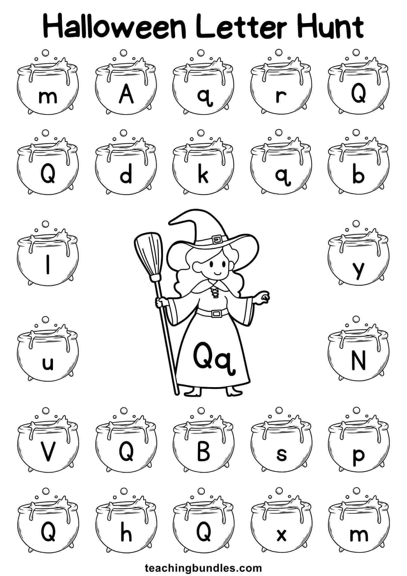 Halloween worksheet with witch and cauldron for letter Q hunt.