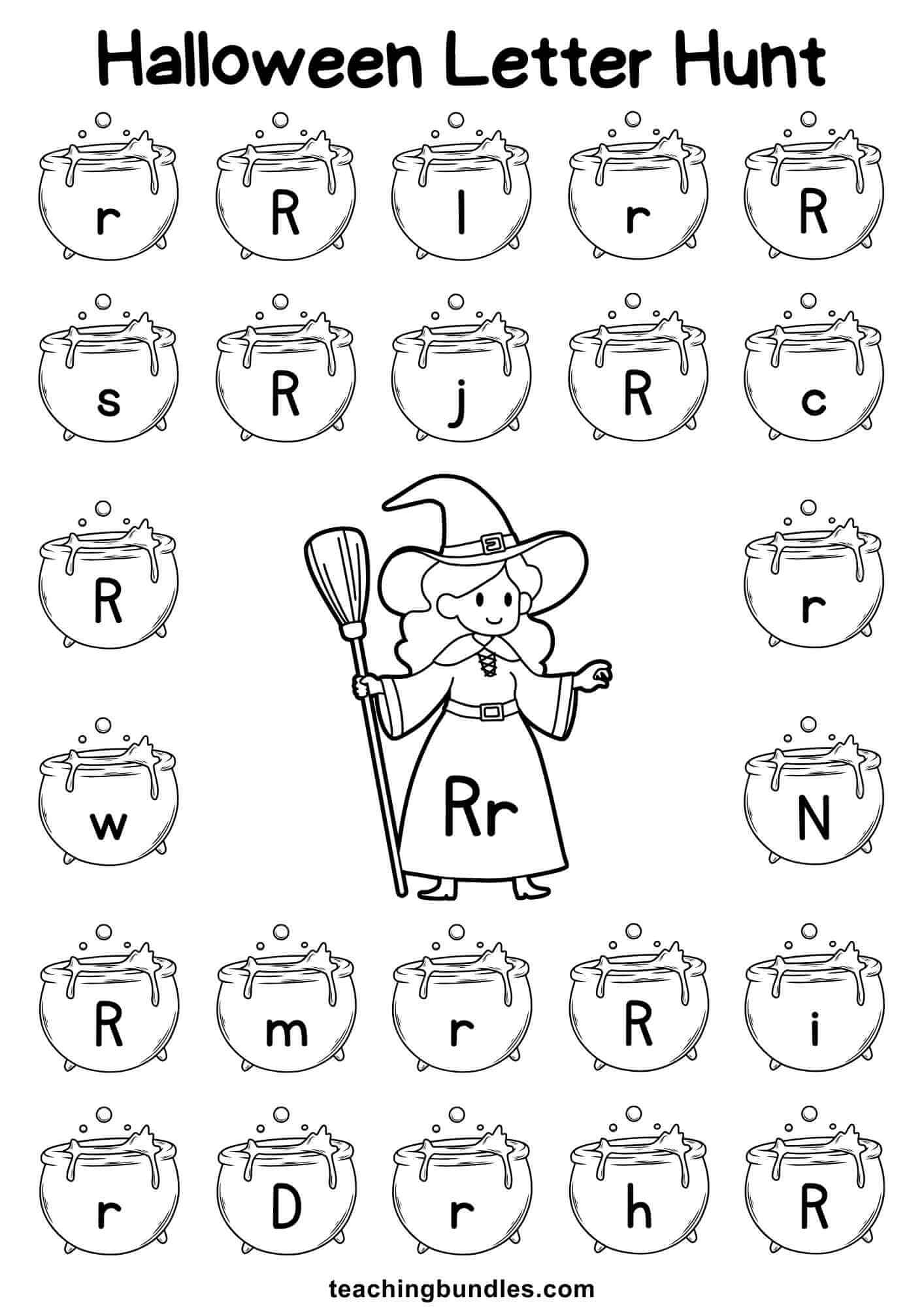 Halloween worksheet with witch and cauldron for letter R hunt.