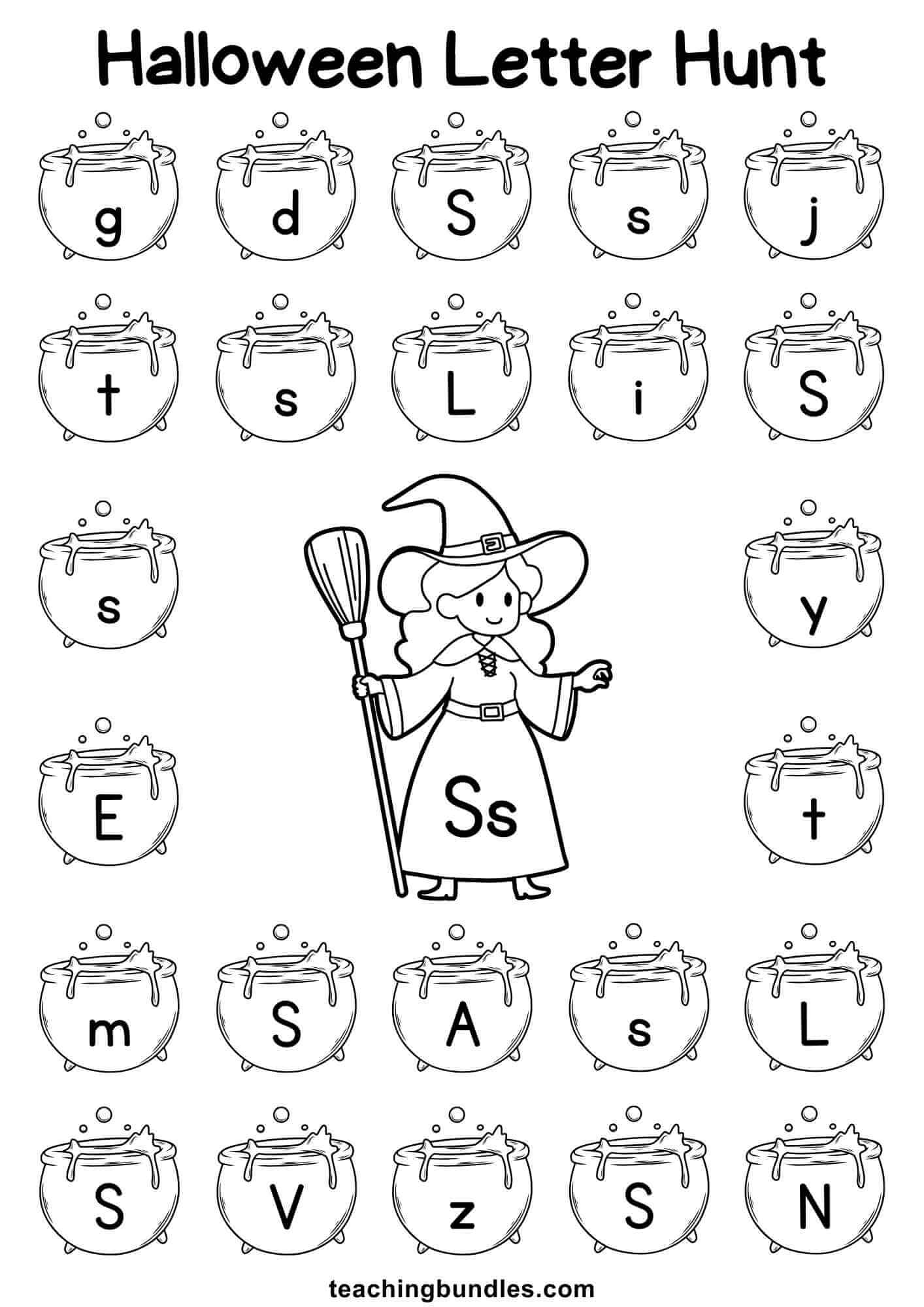Halloween worksheet with witch and cauldron for letter S hunt.