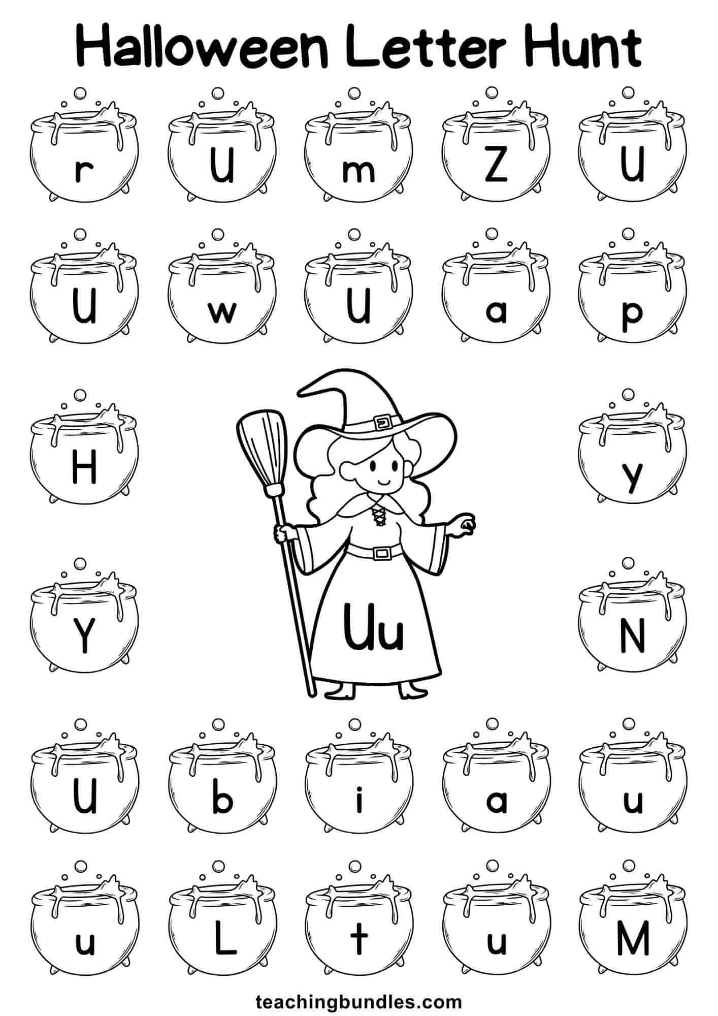 Halloween worksheet with witch and cauldron for letter U hunt.