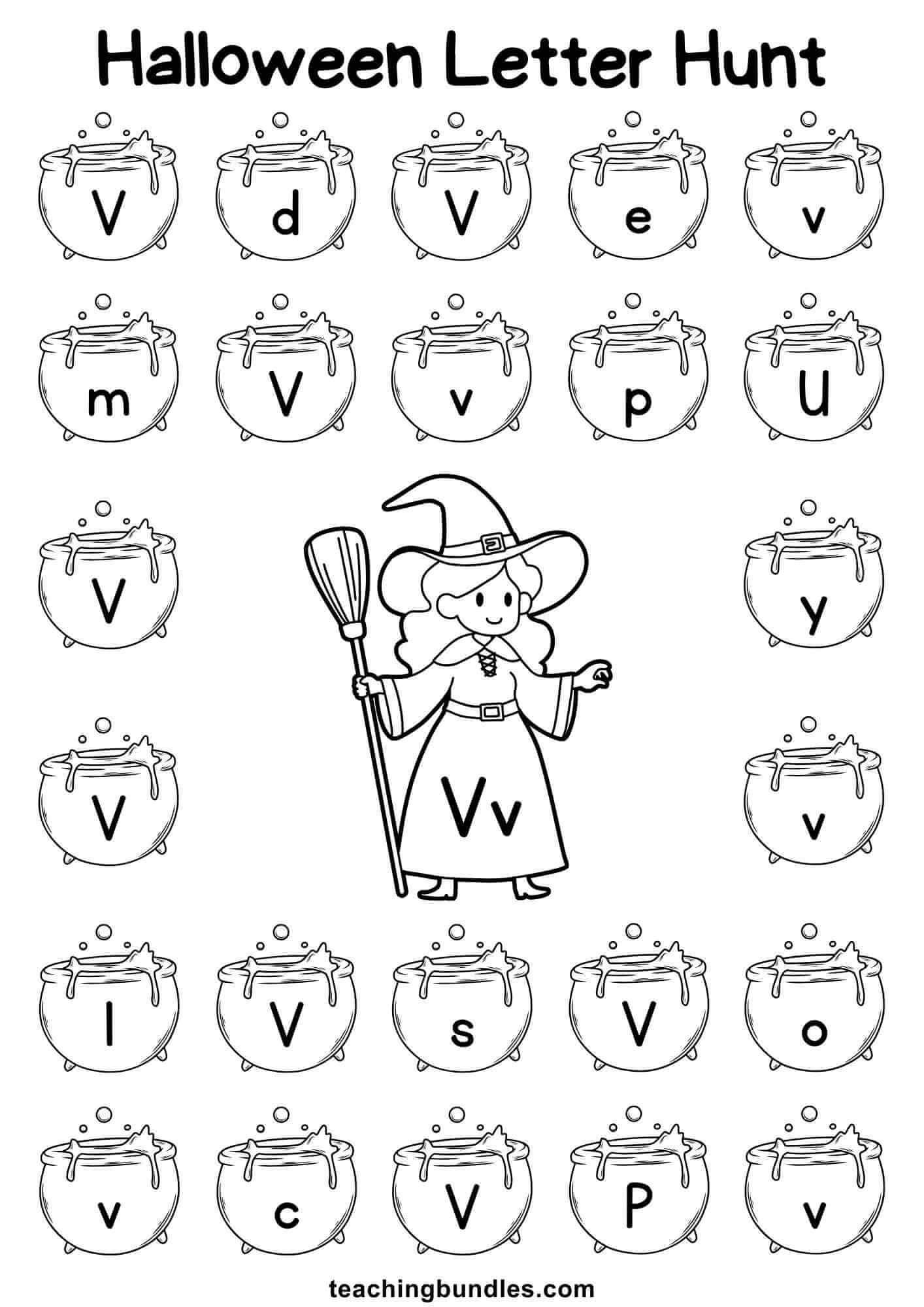 Halloween worksheet with witch and cauldron for letter V hunt.