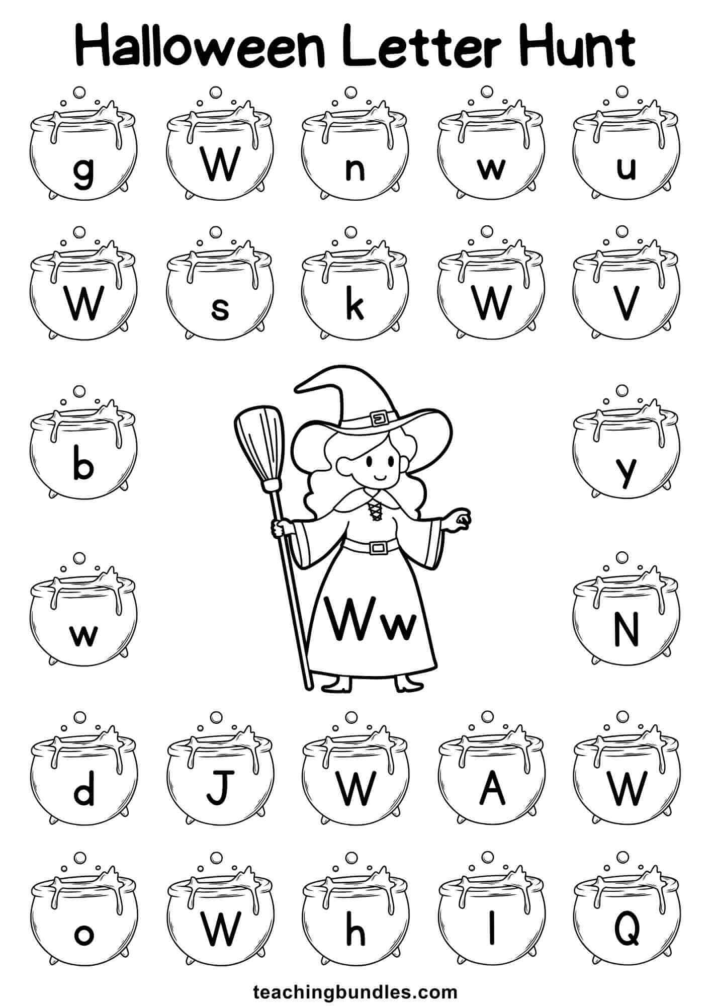 Halloween worksheet with witch and cauldron for letter W hunt.