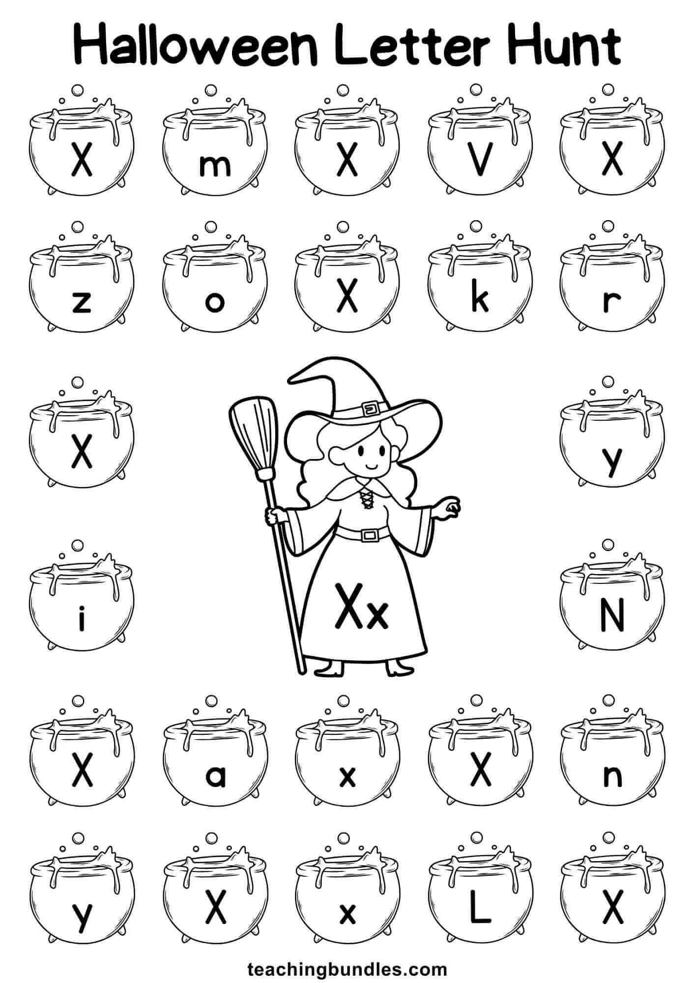 Halloween worksheet with witch and cauldron for letter X hunt.