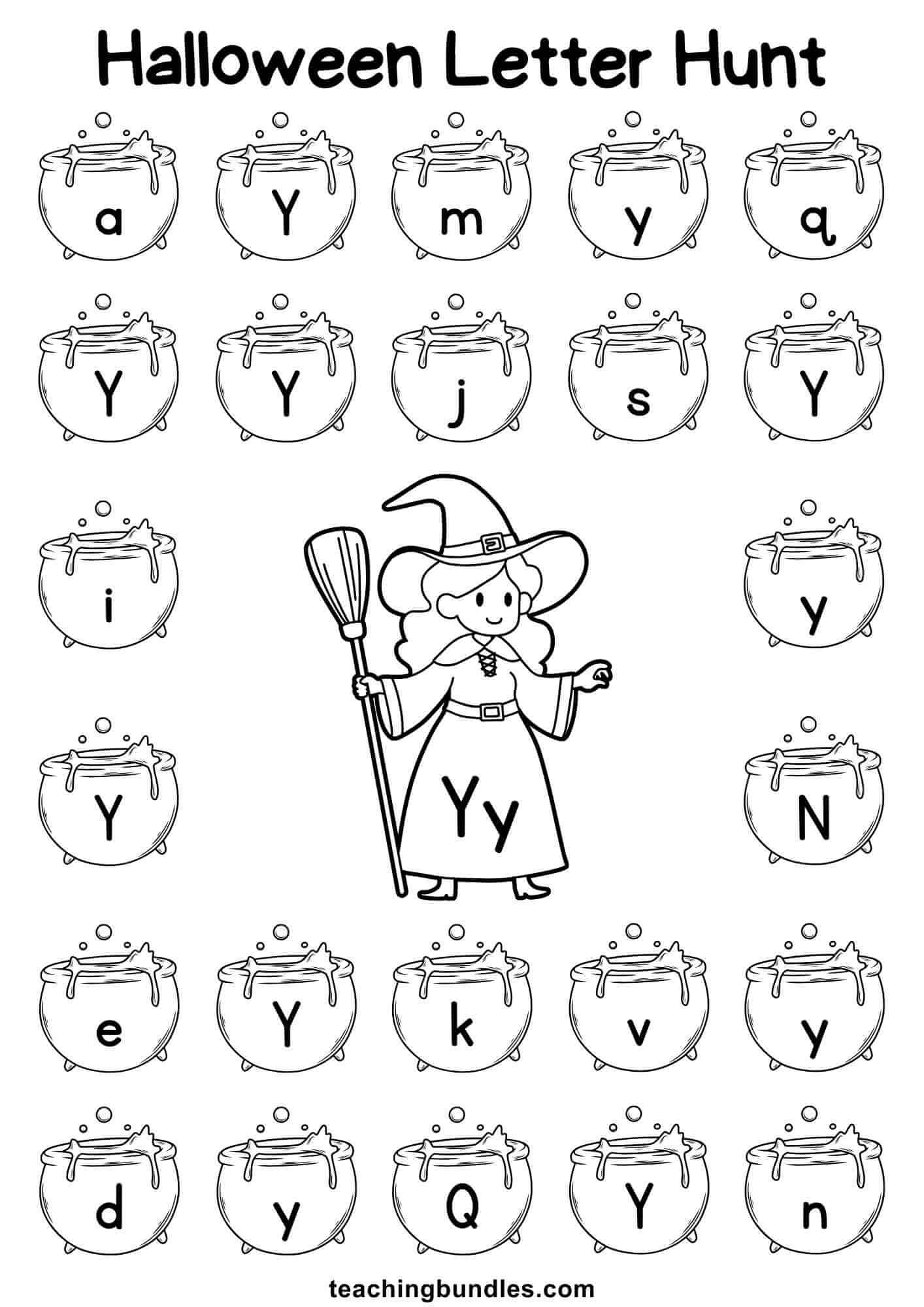 Halloween worksheet with witch and cauldron for letter Y hunt.