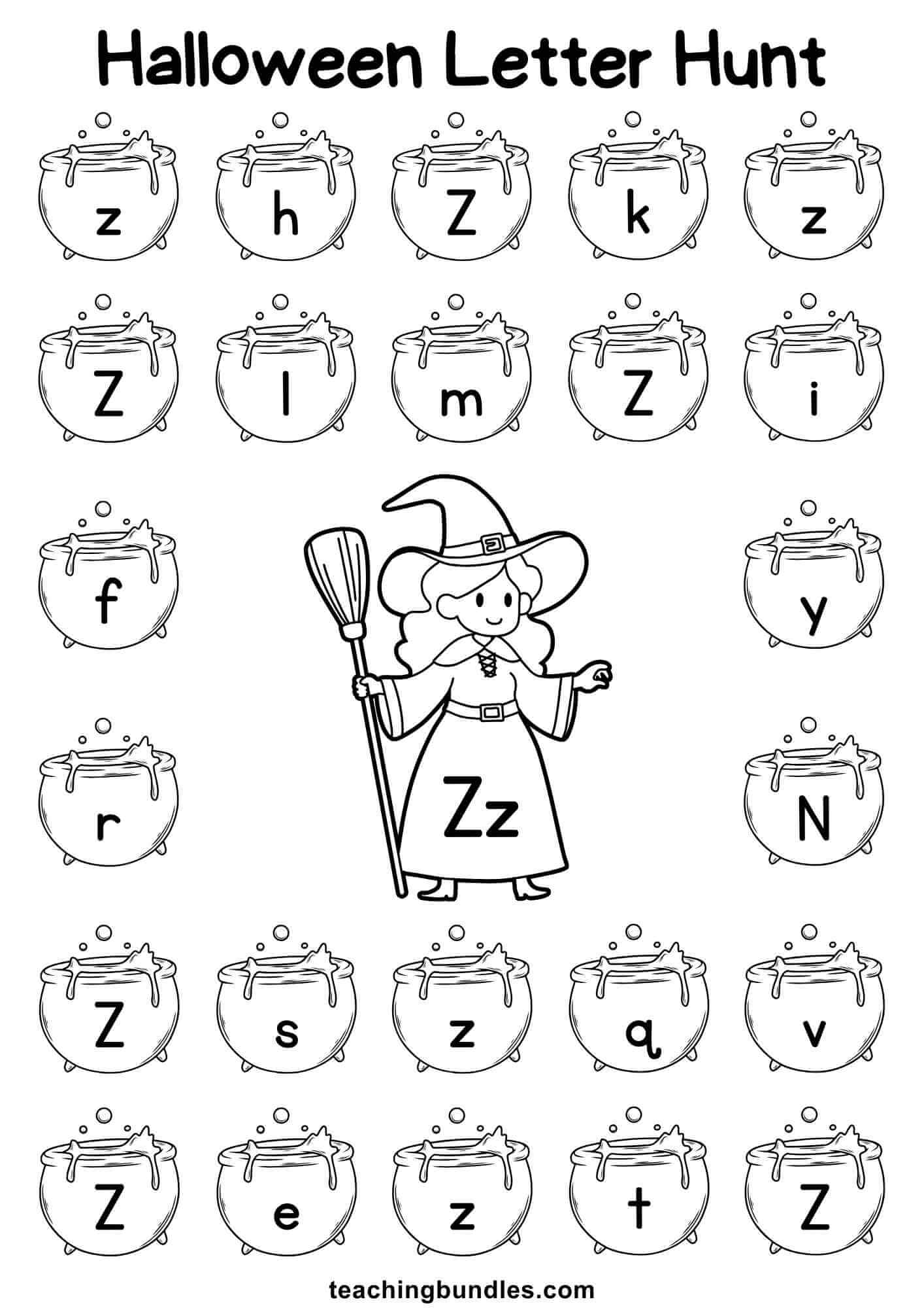 Halloween worksheet with witch and cauldron for letter Z hunt.