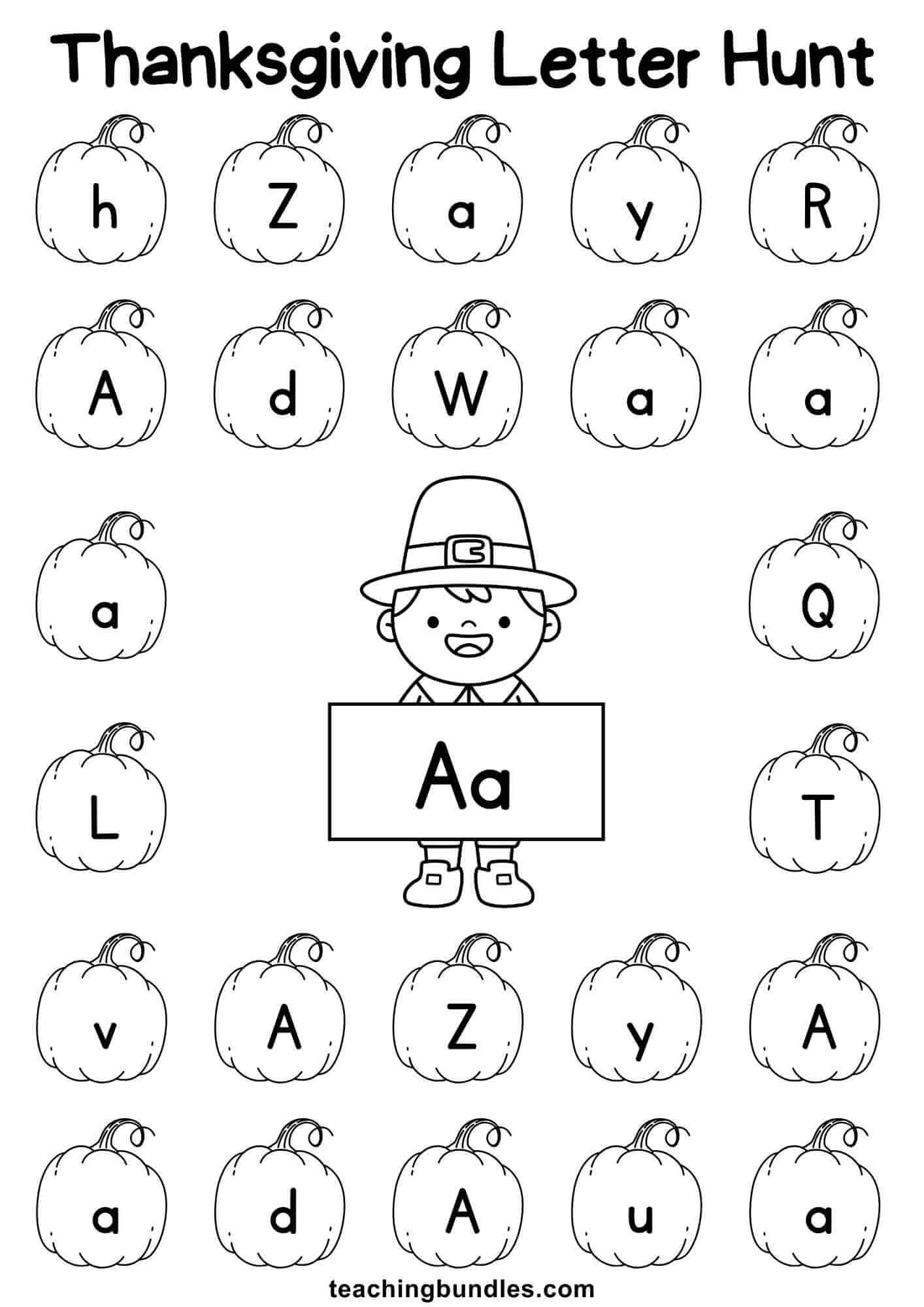 Thanksgiving learning sheet with pilgrim and pumpkin for letter A hunt.