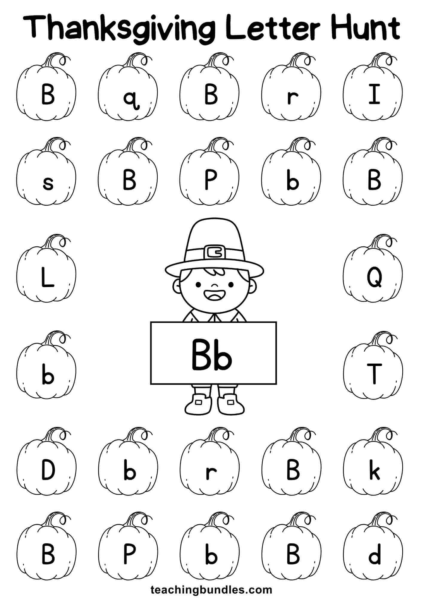 Thanksgiving learning sheet with pilgrim and pumpkin for letter B hunt.