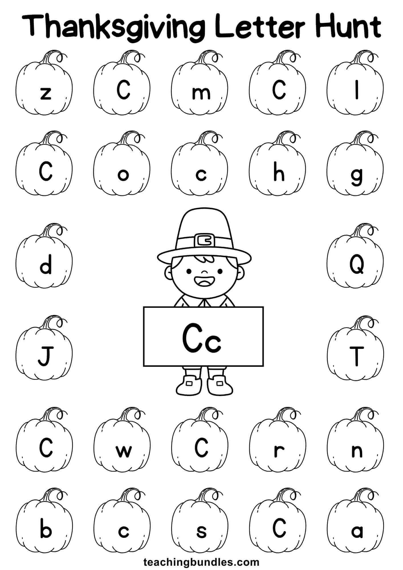 Thanksgiving learning sheet with pilgrim and pumpkin for letter C hunt.