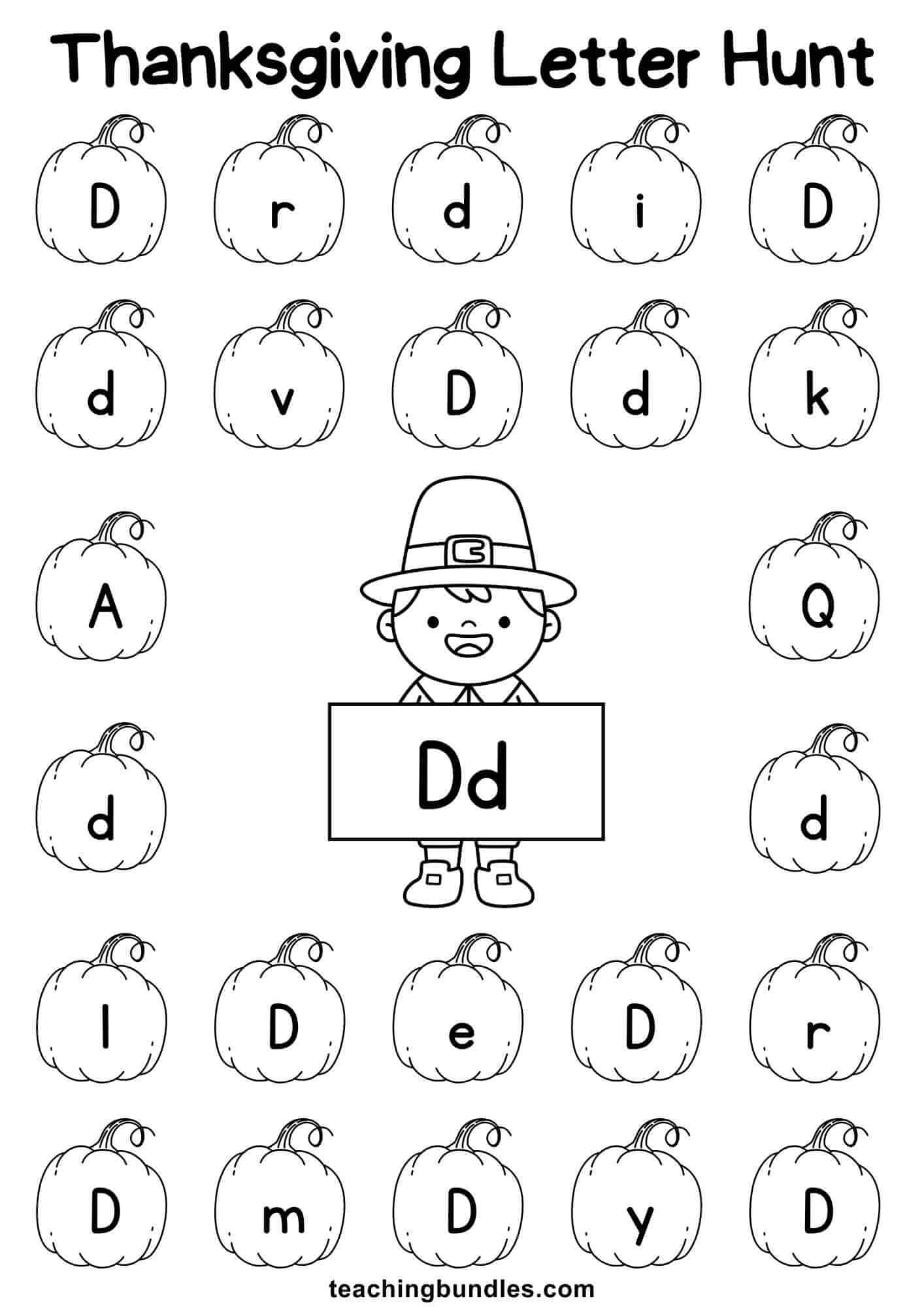Thanksgiving learning sheet with pilgrim and pumpkin for letter D hunt.