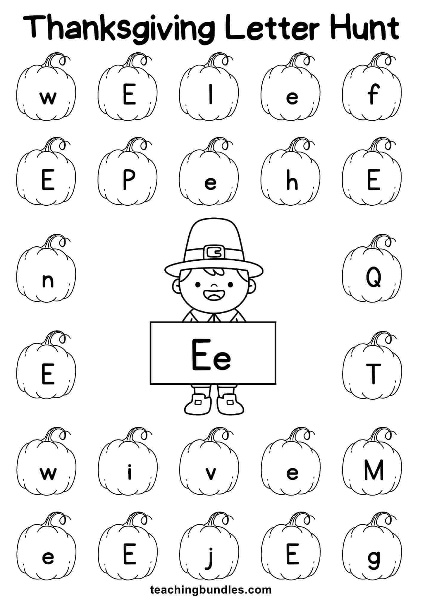 Thanksgiving learning sheet with pilgrim and pumpkin for letter E hunt.