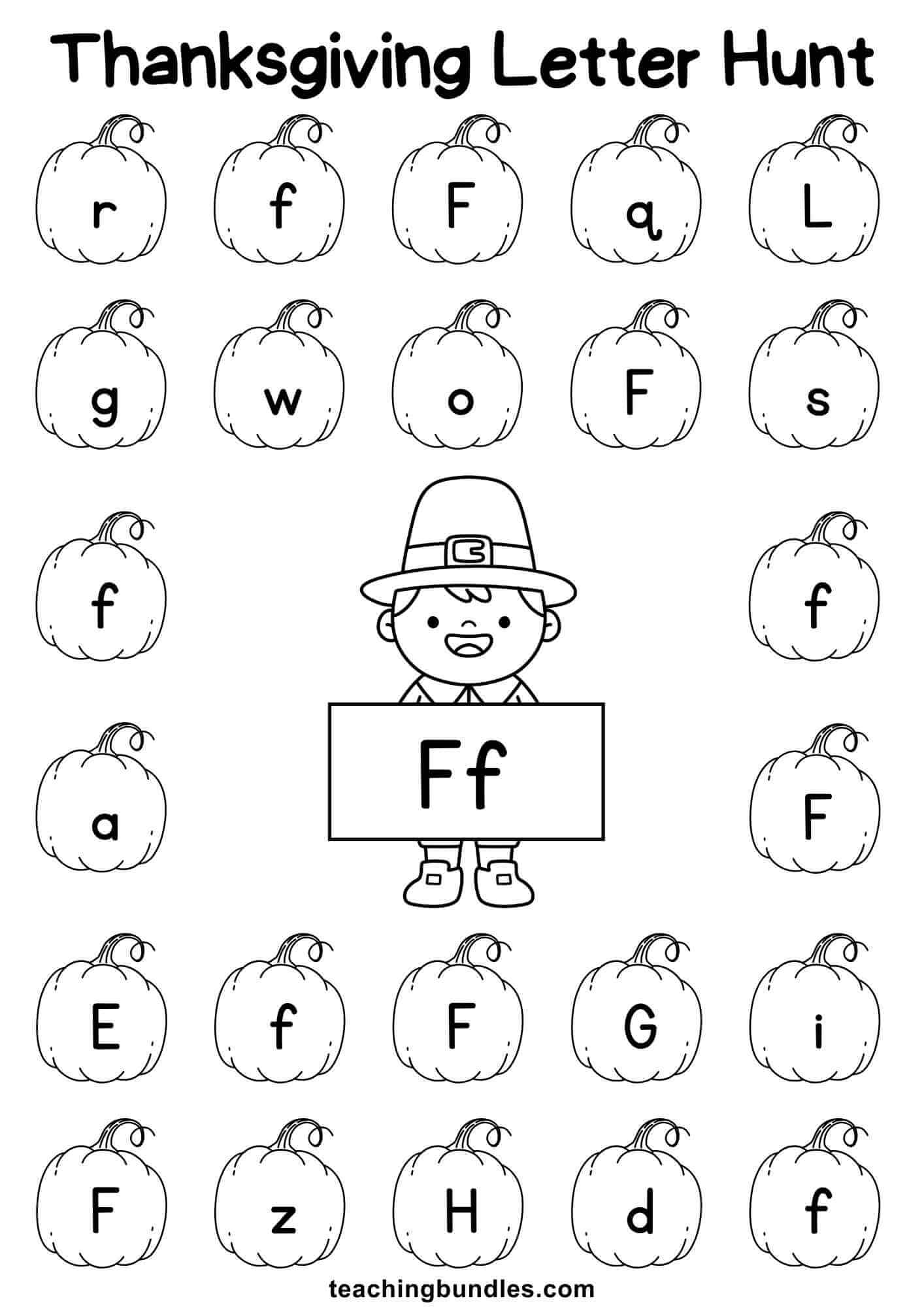 Thanksgiving learning sheet with pilgrim and pumpkin for letter F hunt.