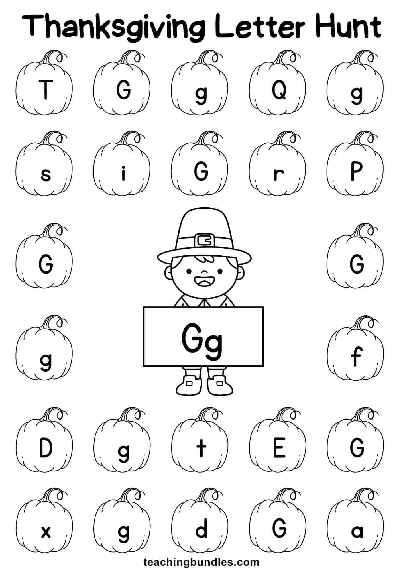 Thanksgiving learning sheet with pilgrim and pumpkin for letter G hunt.