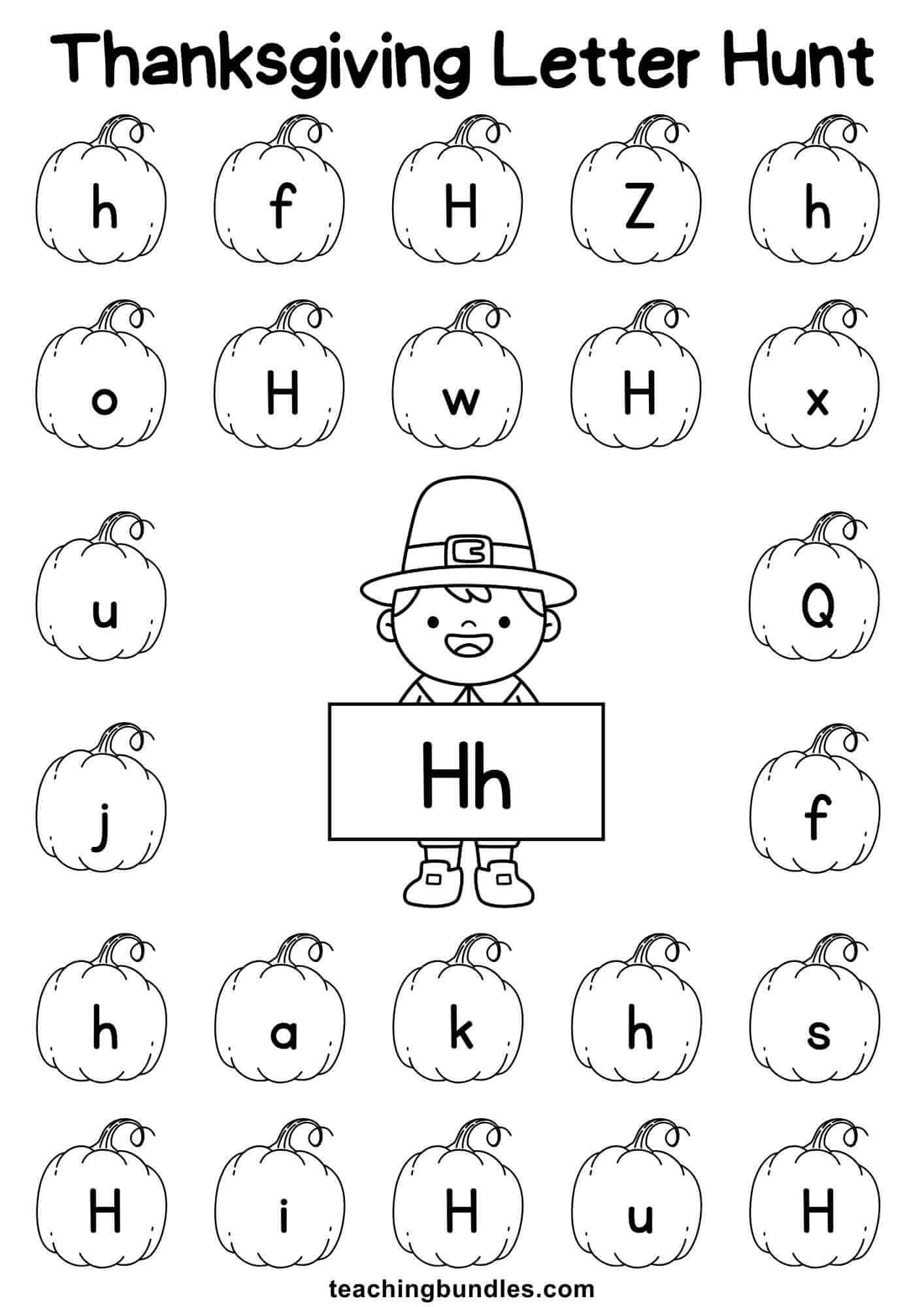 Thanksgiving learning sheet with pilgrim and pumpkin for letter H hunt.