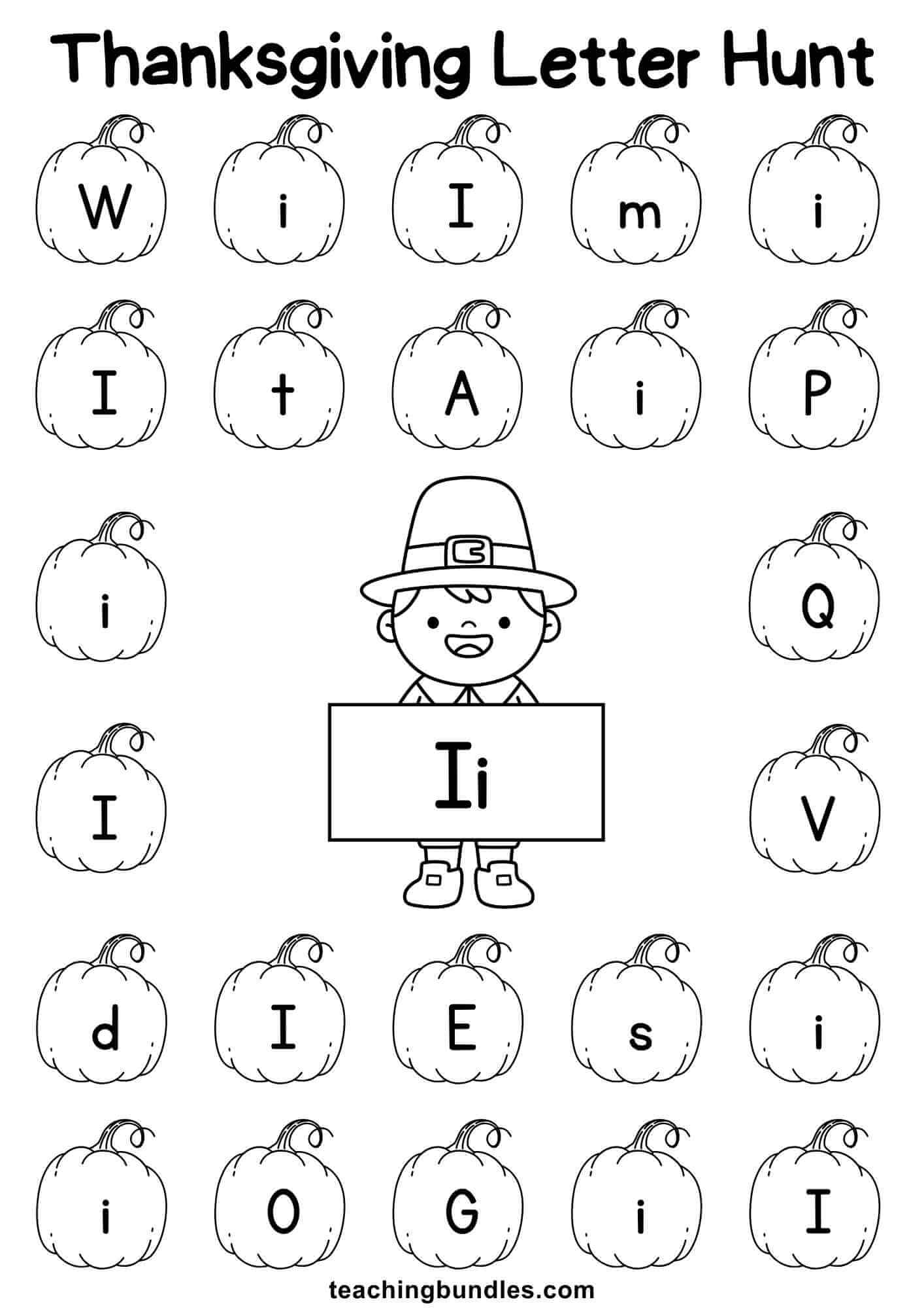 Thanksgiving learning sheet with pilgrim and pumpkin for letter I hunt.