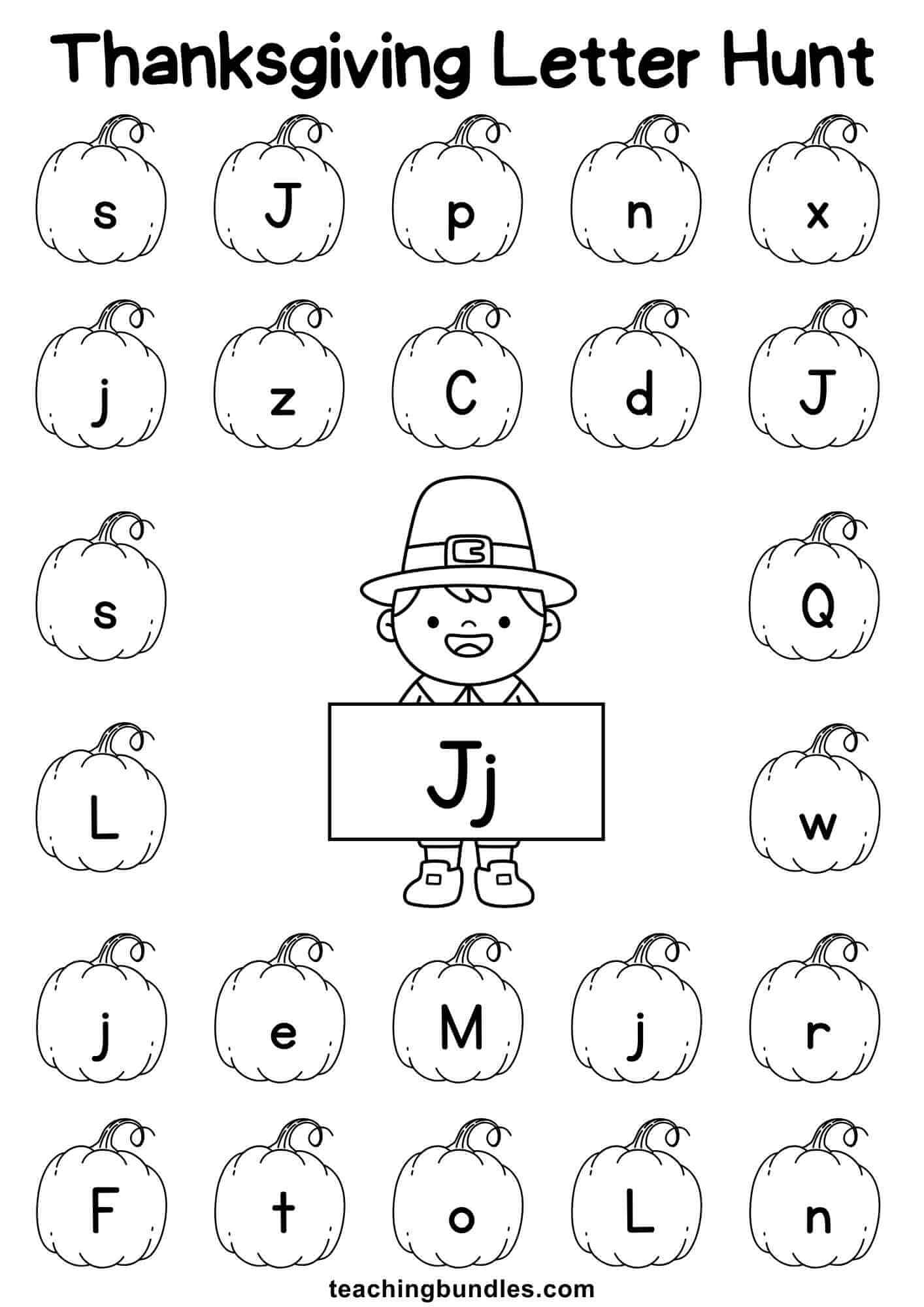 Thanksgiving learning sheet with pilgrim and pumpkin for letter J hunt.