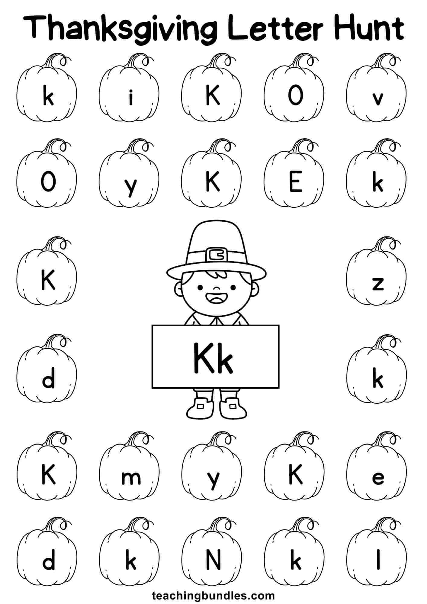 Thanksgiving learning sheet with pilgrim and pumpkin for letter K hunt.