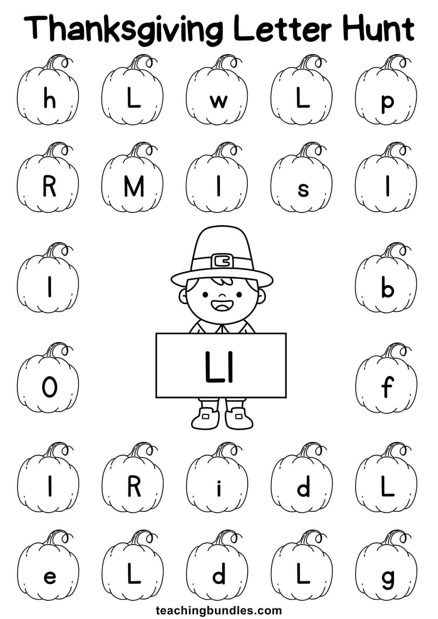 Thanksgiving learning sheet with pilgrim and pumpkin for letter L hunt.