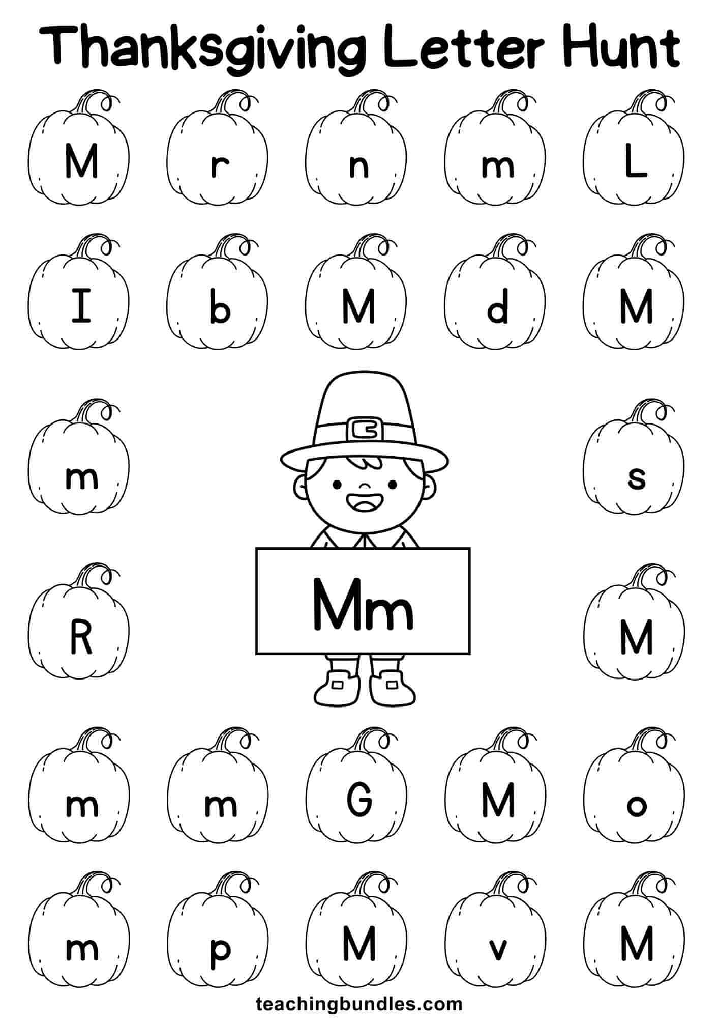 Thanksgiving learning sheet with pilgrim and pumpkin for letter M hunt.