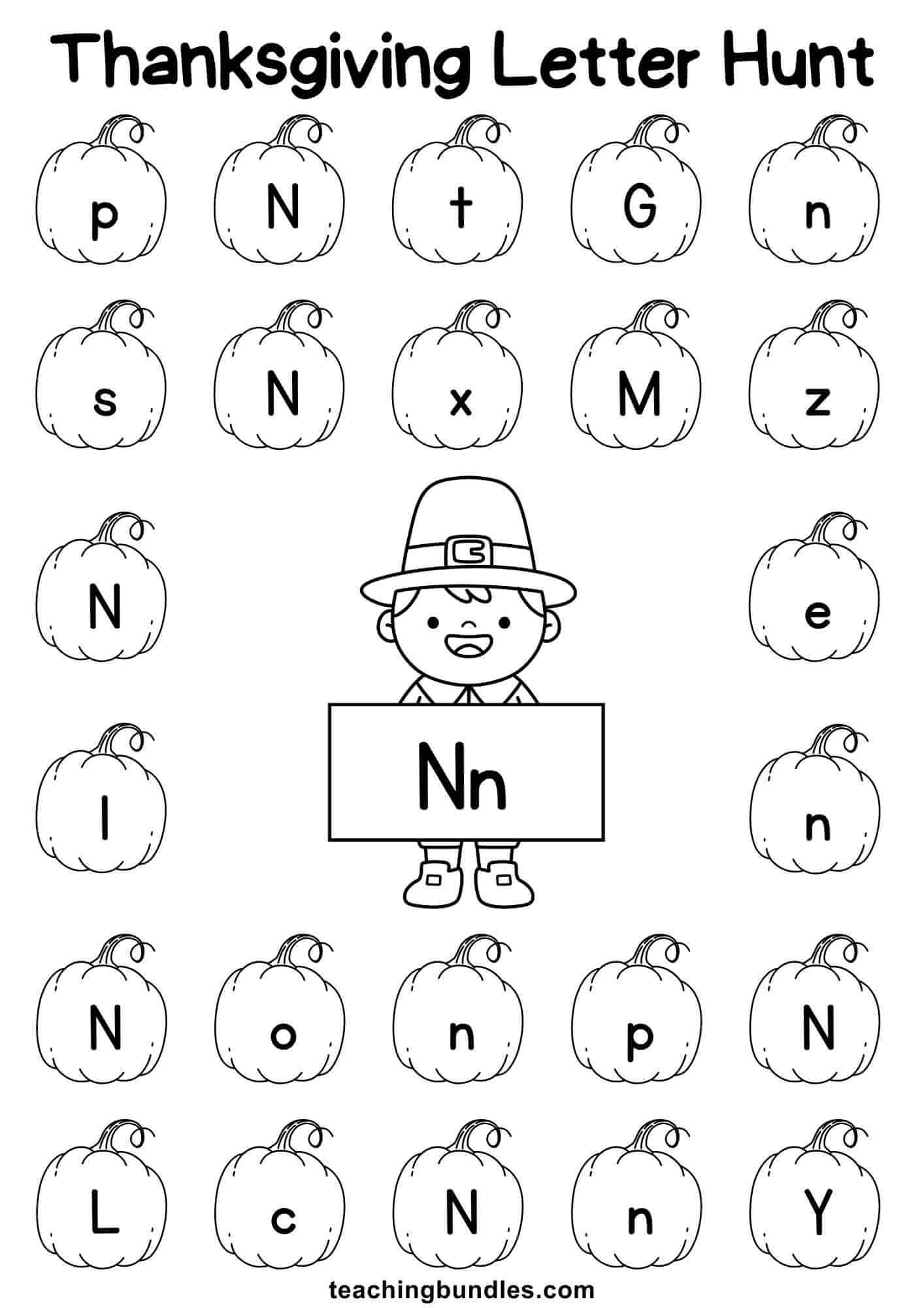 Thanksgiving learning sheet with pilgrim and pumpkin for letter N hunt.