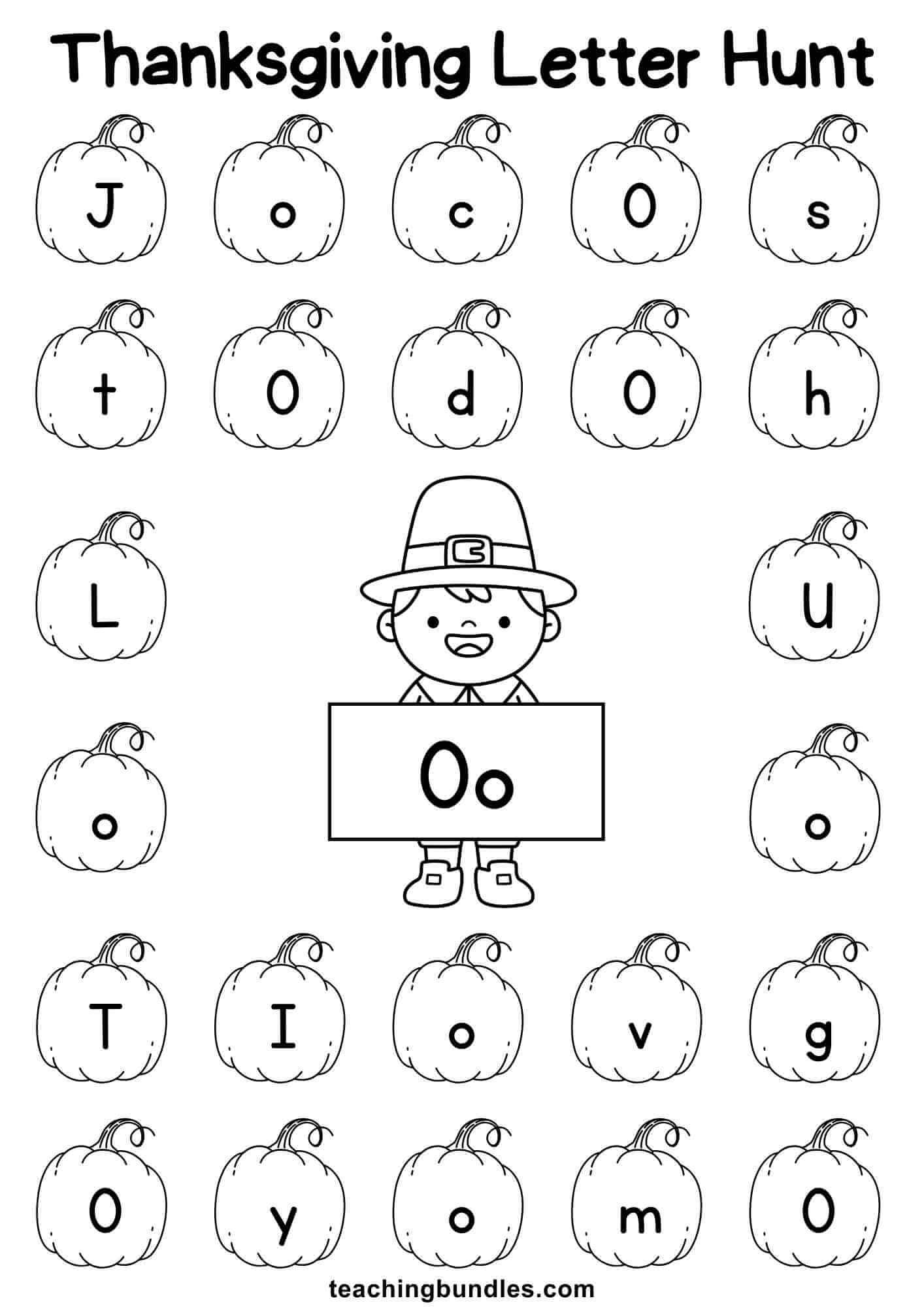 Thanksgiving learning sheet with pilgrim and pumpkin for letter O hunt.
