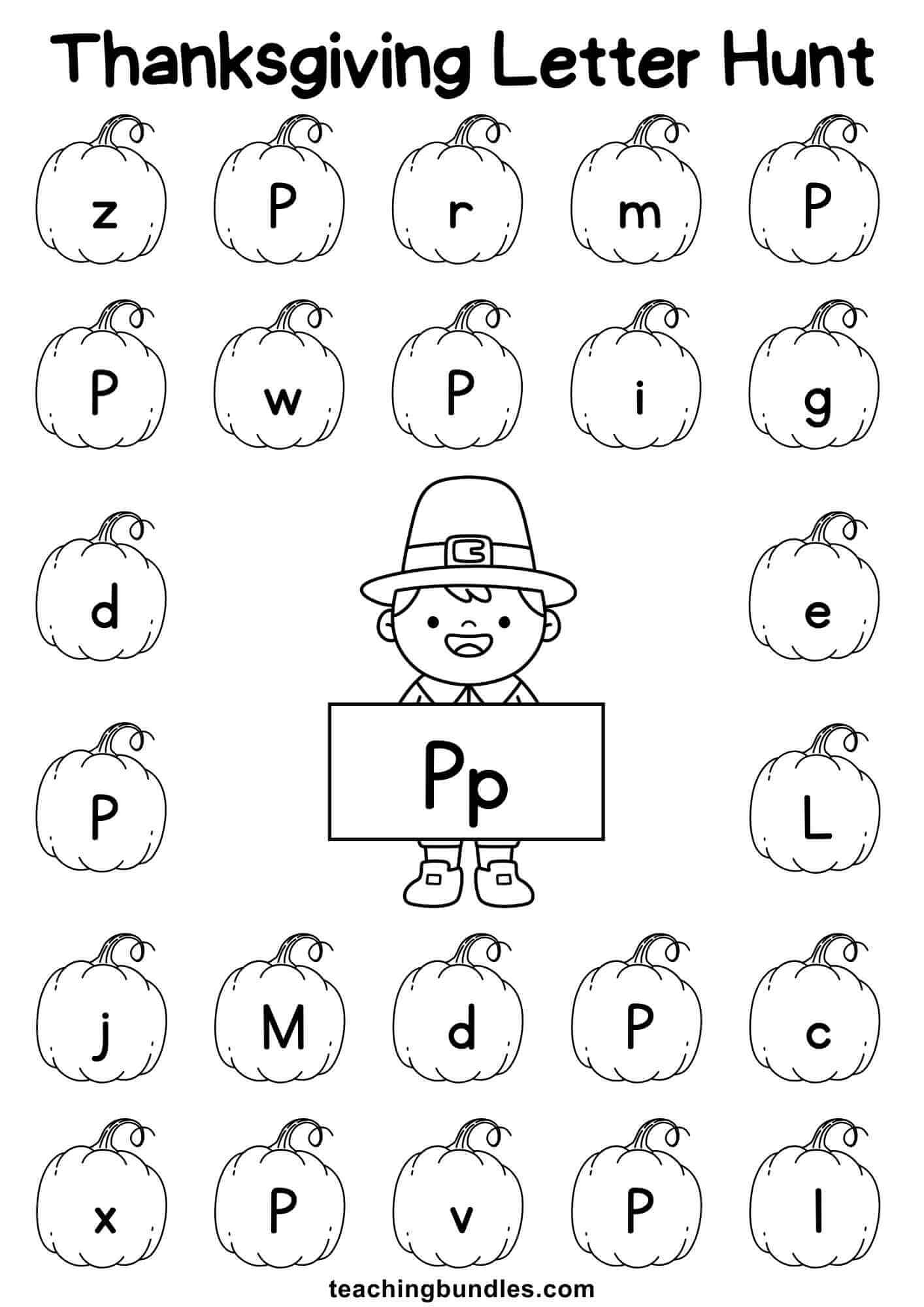 Thanksgiving learning sheet with pilgrim and pumpkin for letter P hunt.